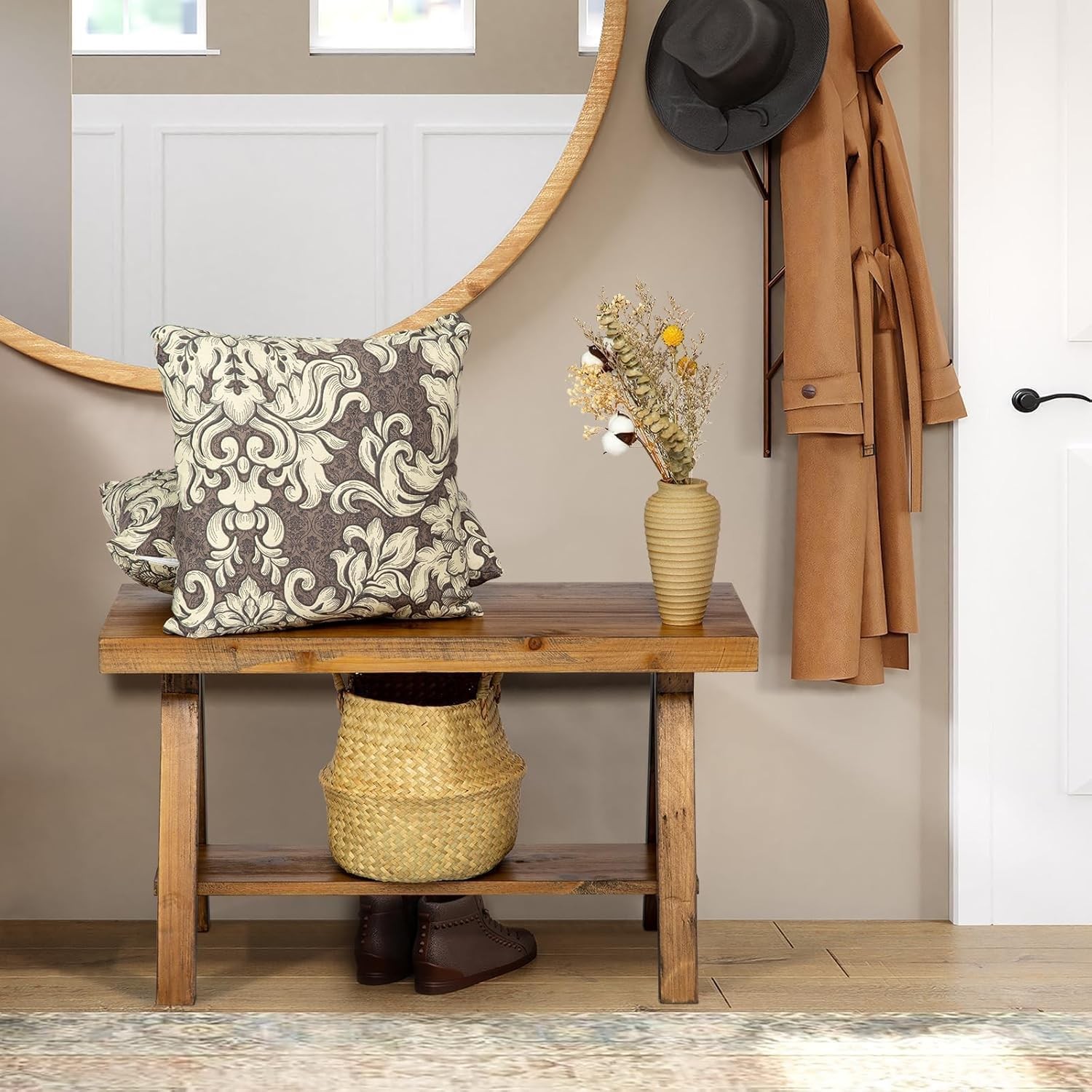 Farmhouse Wood Bench, Rustic Indoor Stora Bench for Entryway,