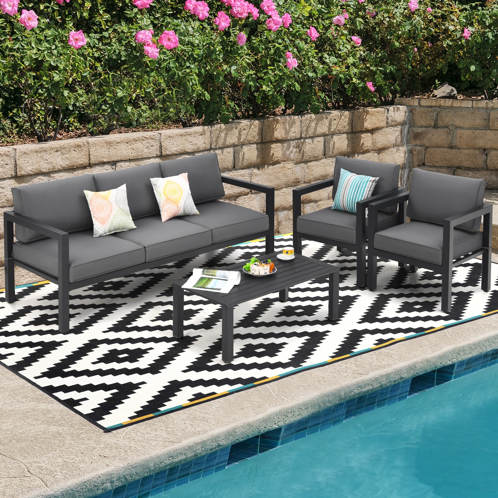 Patiojoy Outdoor 4-Piece Patio Furniture Set Sectional Sofa Set Coffee Table