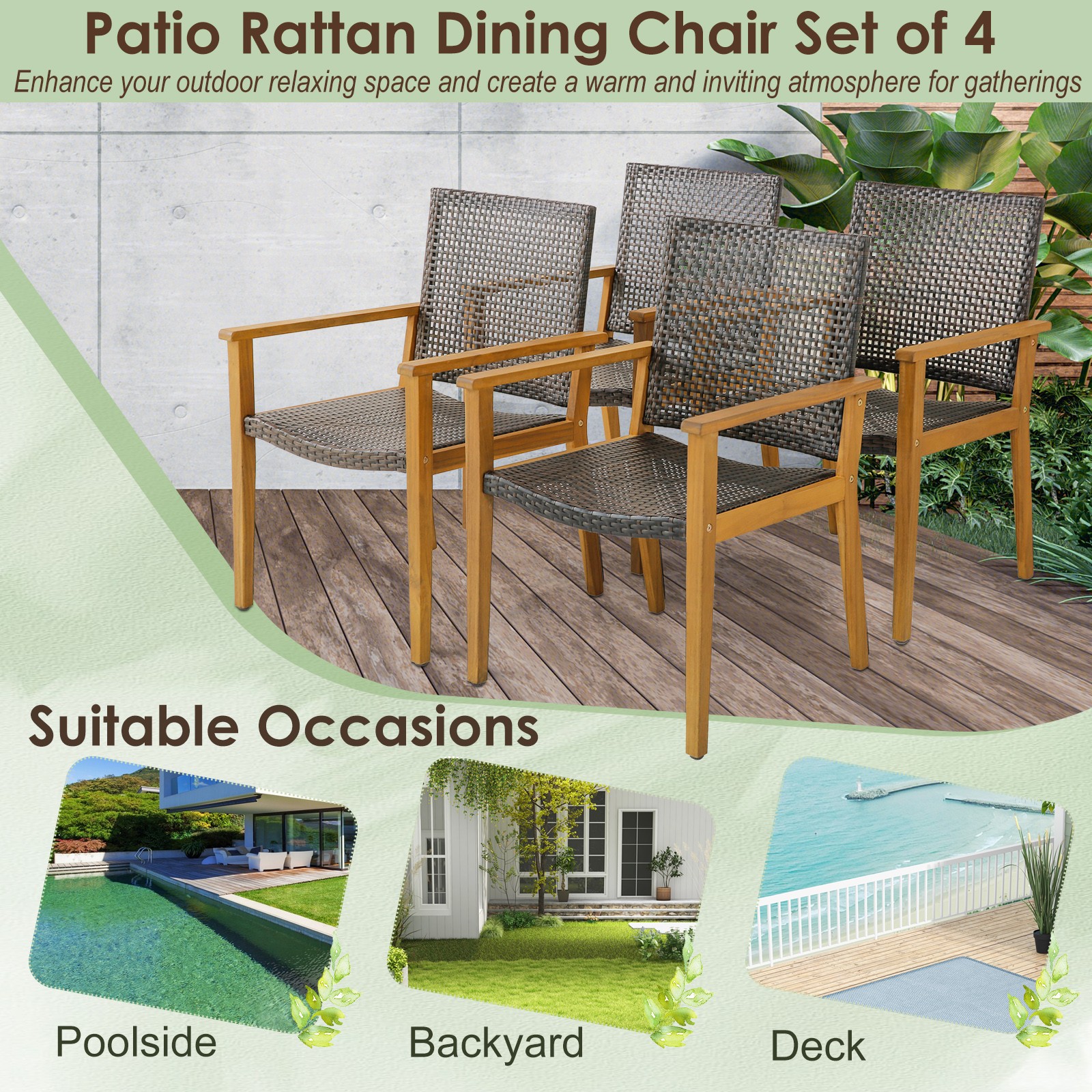 4PCS Patio Dining Chairs Outdoor Acacia Wood Rattan Armchairs Garden Balcony