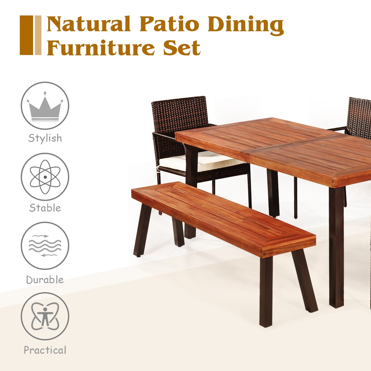 Patiojoy Patio 6PCS Rattan Dining Set Acacia Wood Tabletop Cushioned Chair