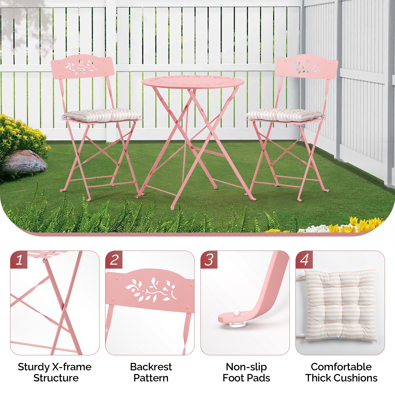 Folding Bistro Table Chairs Dining Set of 3 with Seat Cushions for In/Outdoor