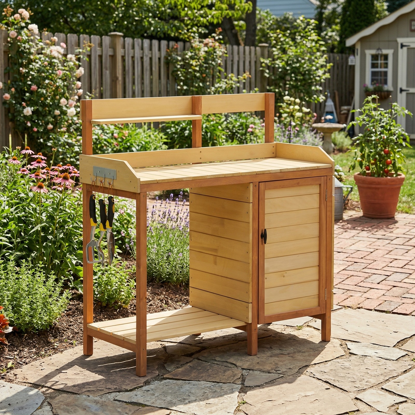 Outdoor Wooden Potting Bench Table with Sink and Storage