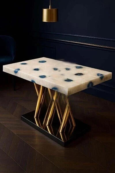Handmade White and Blue Agate Coffee Table – Natural Crystal Stone – Elegant Art