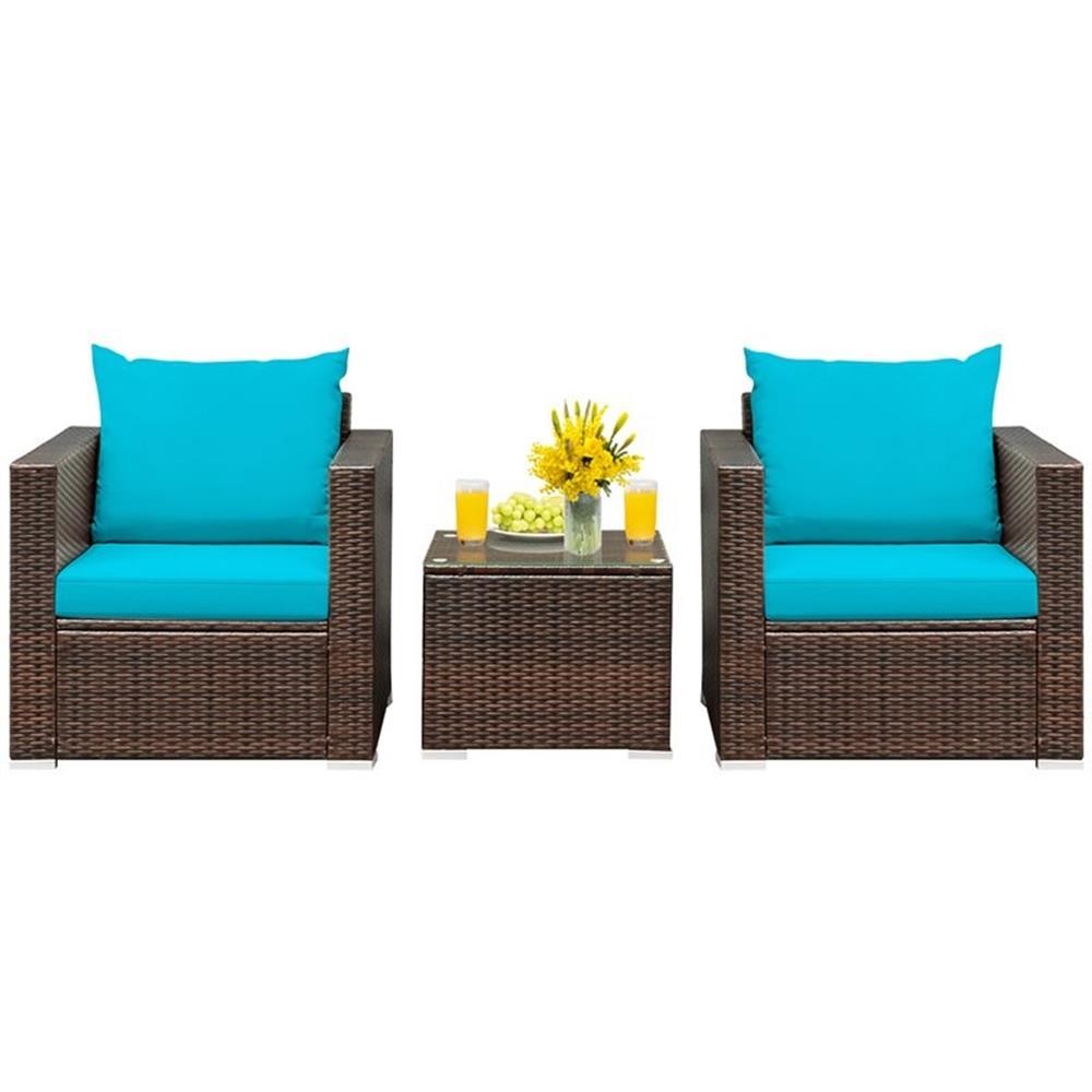 Pemberly Row 3Pcs Contemporary Rattan Patio Furniture Set w/ Cushions-Turquoise