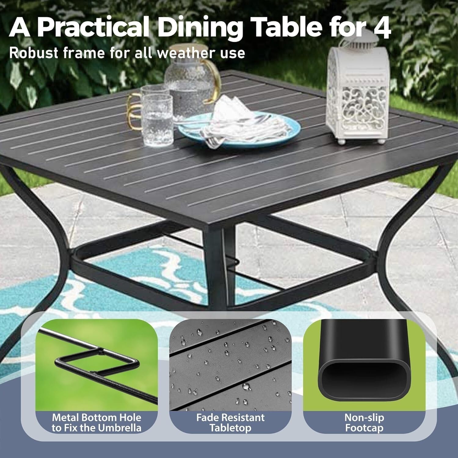 5 Piece Patio Furniture Set Outdoor Square Metal Table Patio Dining Chairs Set