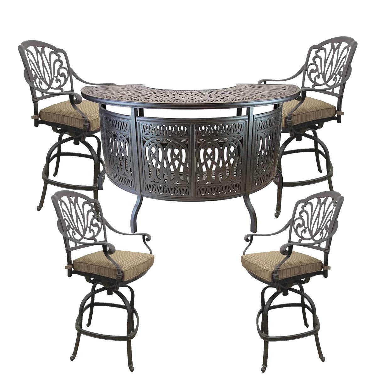 Elisabeth cast aluminum patio bar table set 4 swivel barstools heavy furniture.