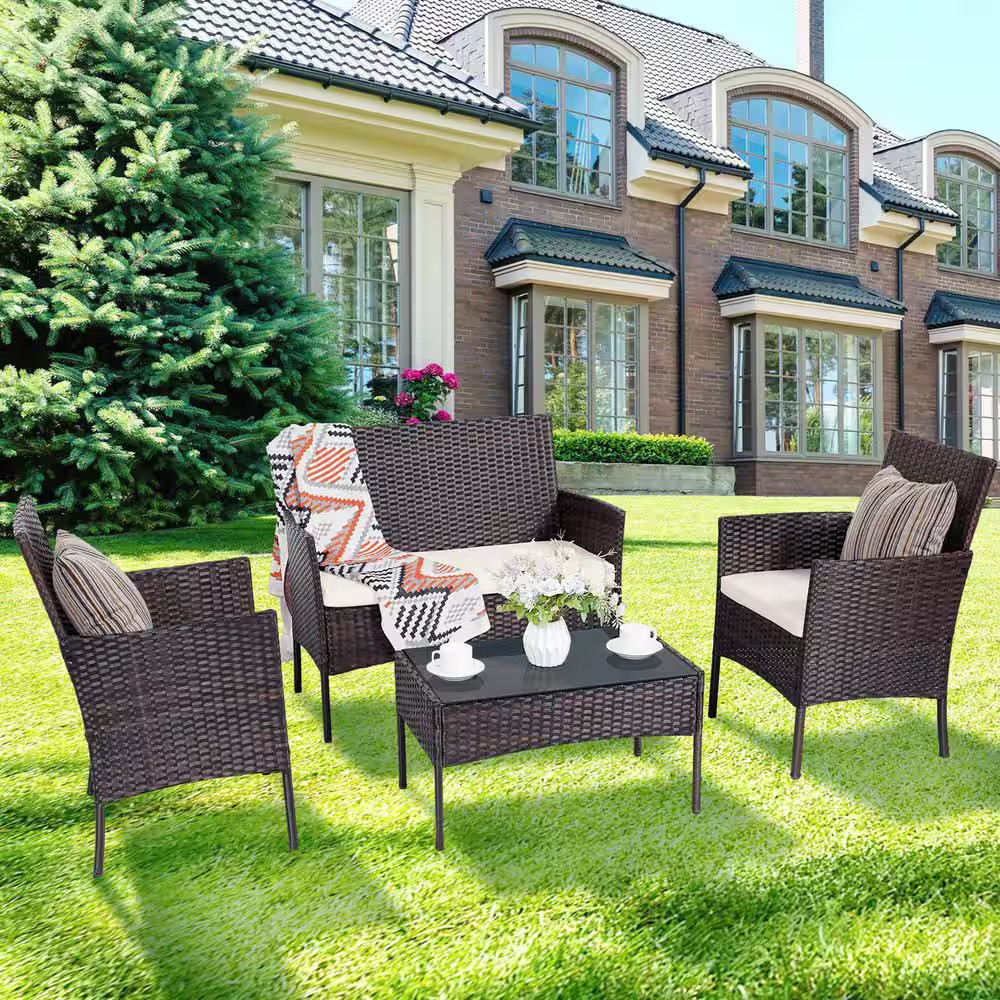 Brown 4-Piece All-Weather Wicker Patio Conversation Set with Beige Cushion and C
