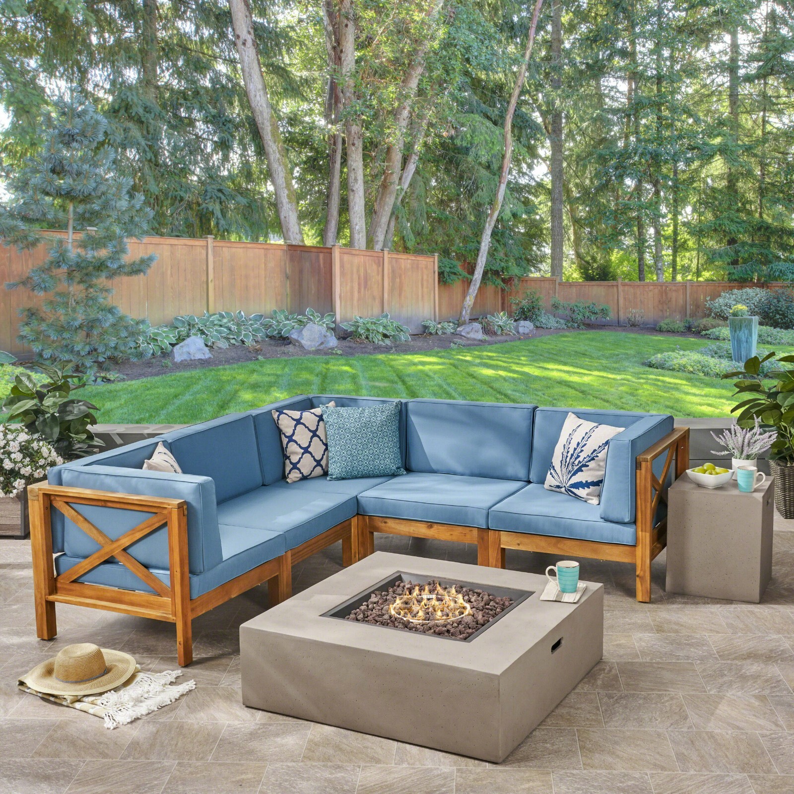 Cytheria Outdoor Sectional Sofa Set with Fire Pit 7-Piece 5-Seater Acacia Wood W