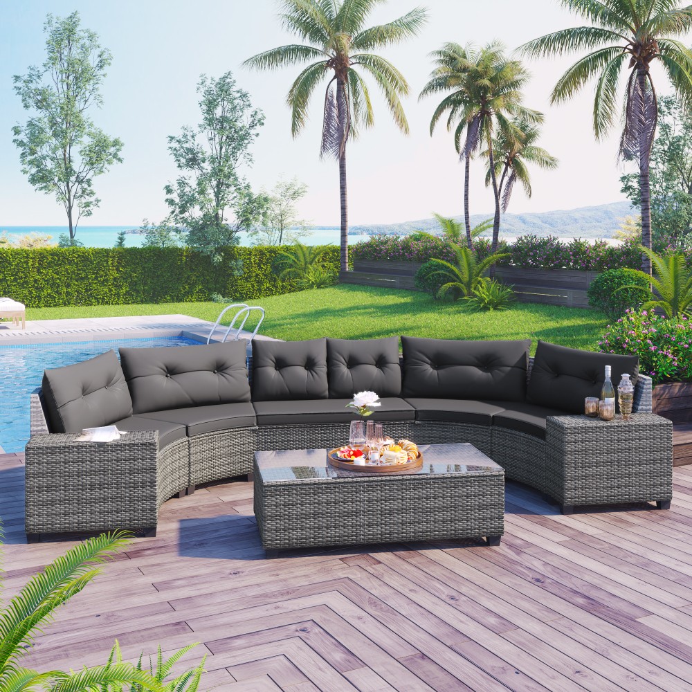 Half-Moon Outdoor Sofa Set 8-pc w/ Coffee Table, PE Rattan, Gray Cushions, Patio