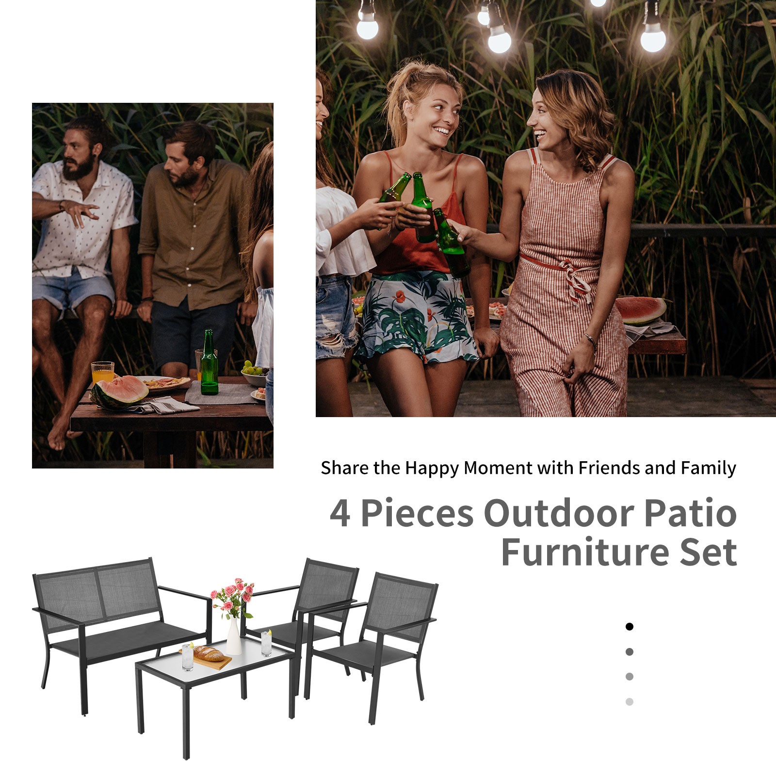 Patiojoy Set of 4 Patio Furniture Set Sofa Coffee Table Steel Frame Garden