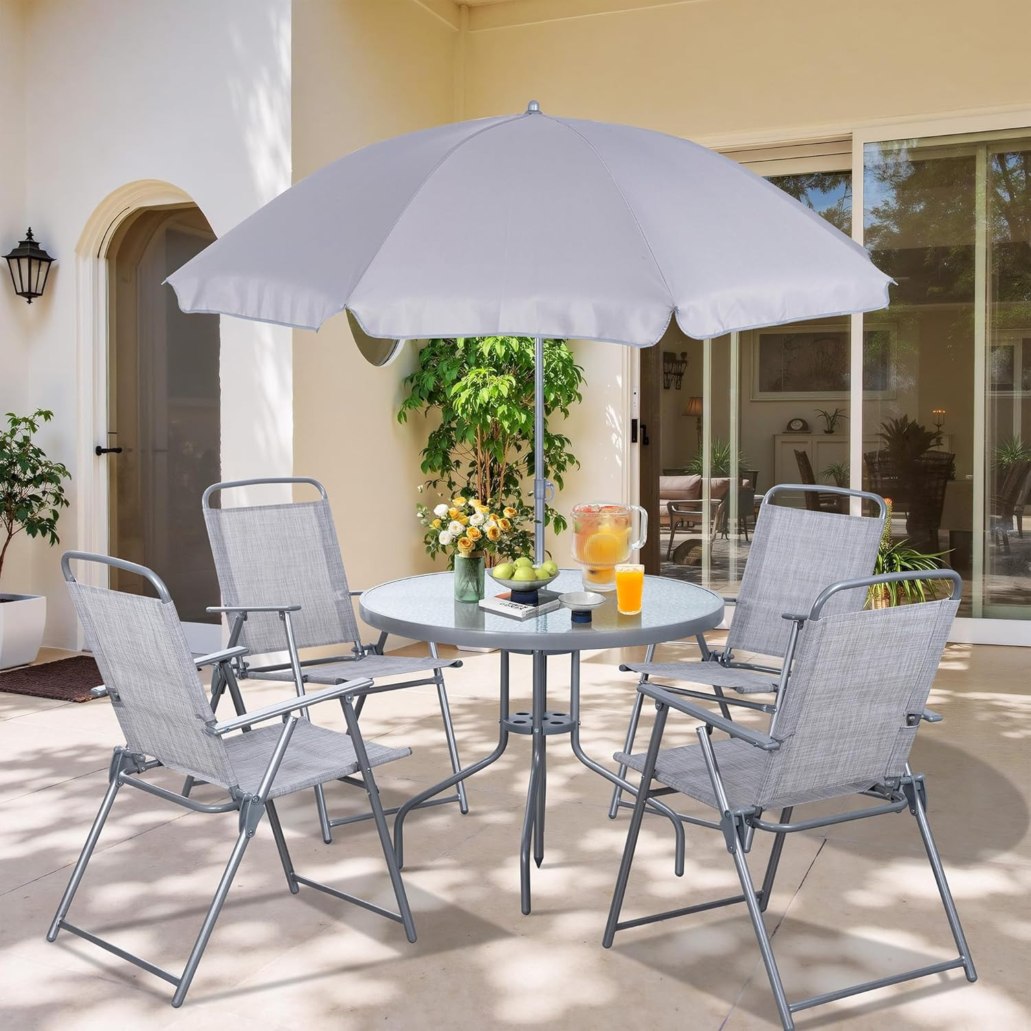 Folding Patio Dining Set with Umbrella – 6 Piece Metal Garden Furniture Silver
