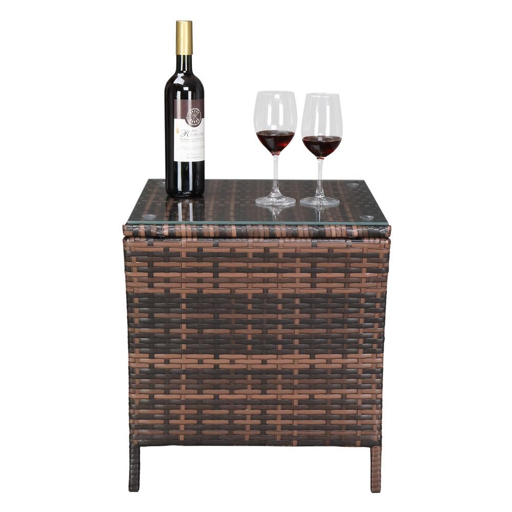 Brown Wicker Rattan Side Tea Table with Glass Patio Outdoor Garden Furniture New