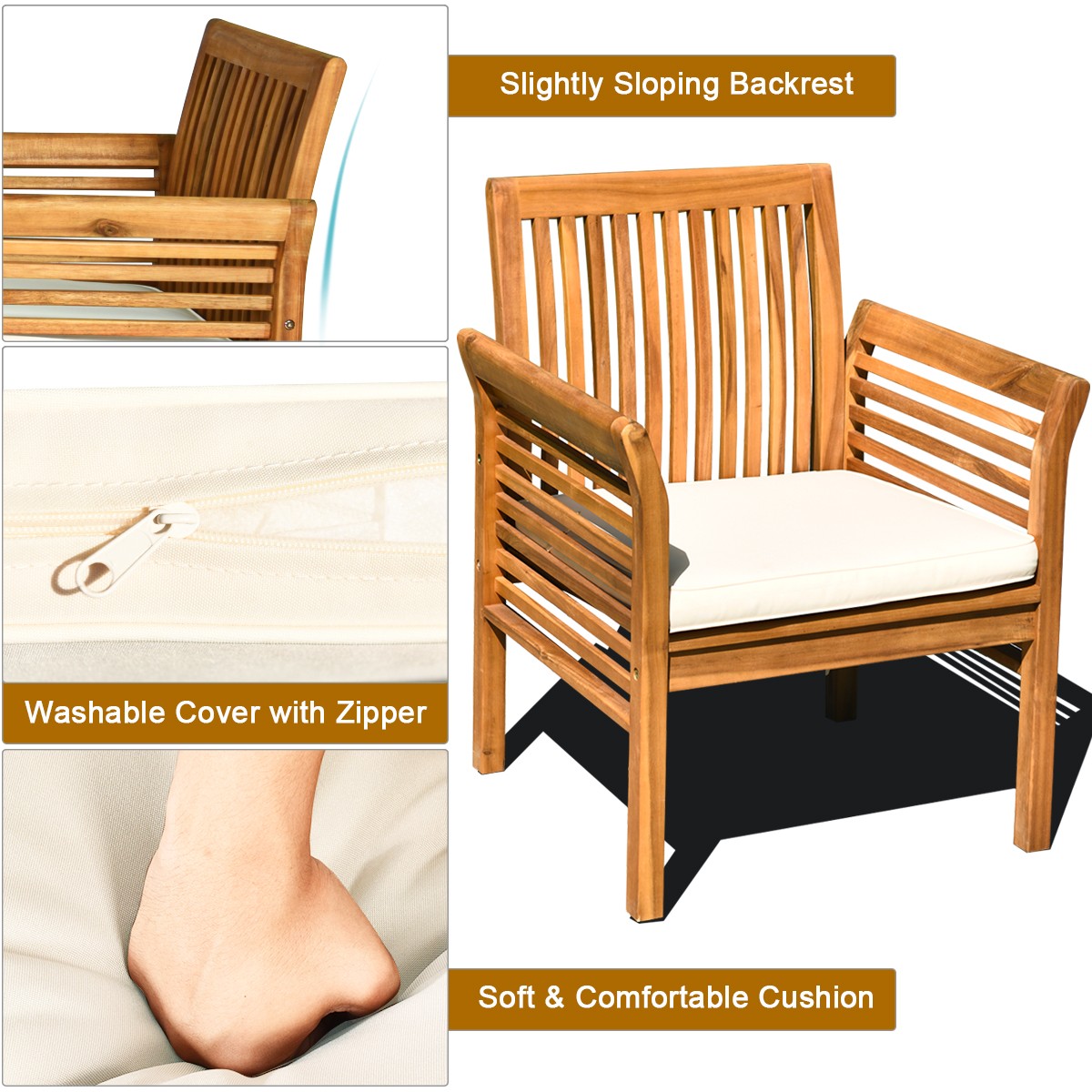4 PCS Outdoor Acacia Wood Sofa Furniture Set Cushioned Chair Coffee Table Garden