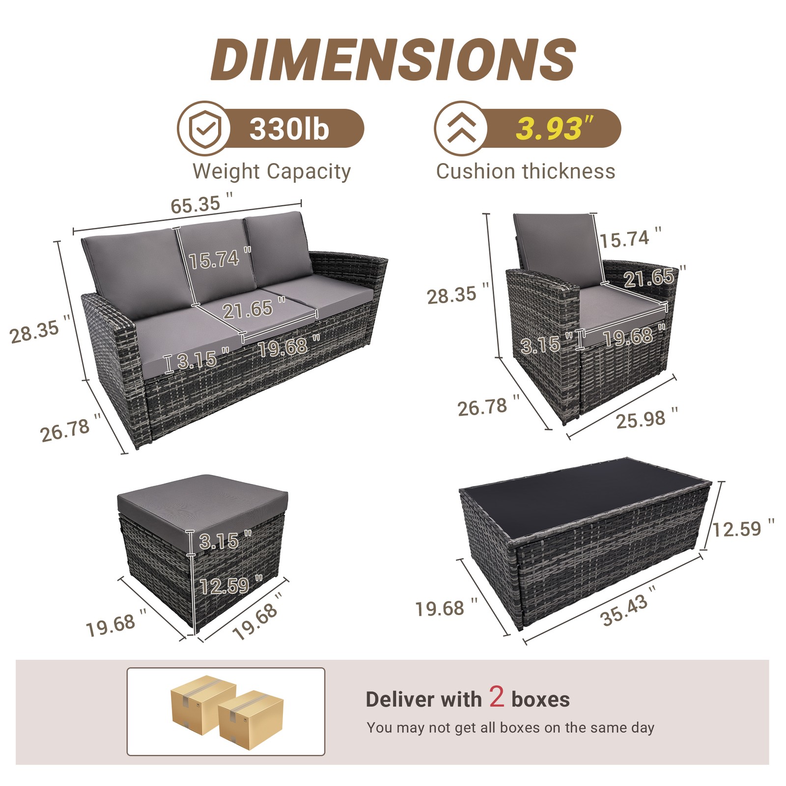 Outdoor Patio Rattan Sofa Set w/ Cushions, Light Gray, Seats 6