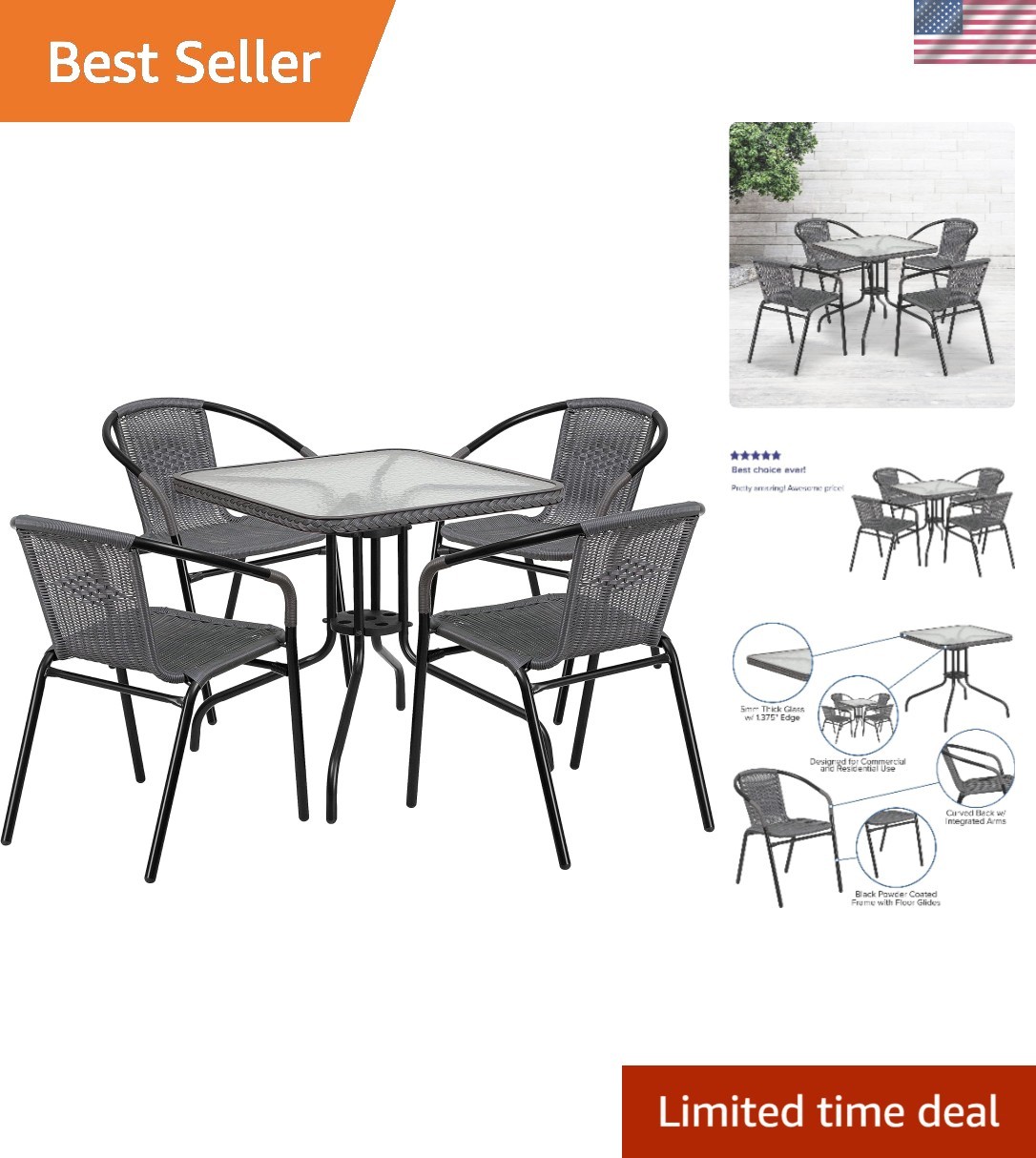 5-Piece 28″ Square Indoor/Outdoor Patio Table and Chairs Set, Glass Metal Bis…