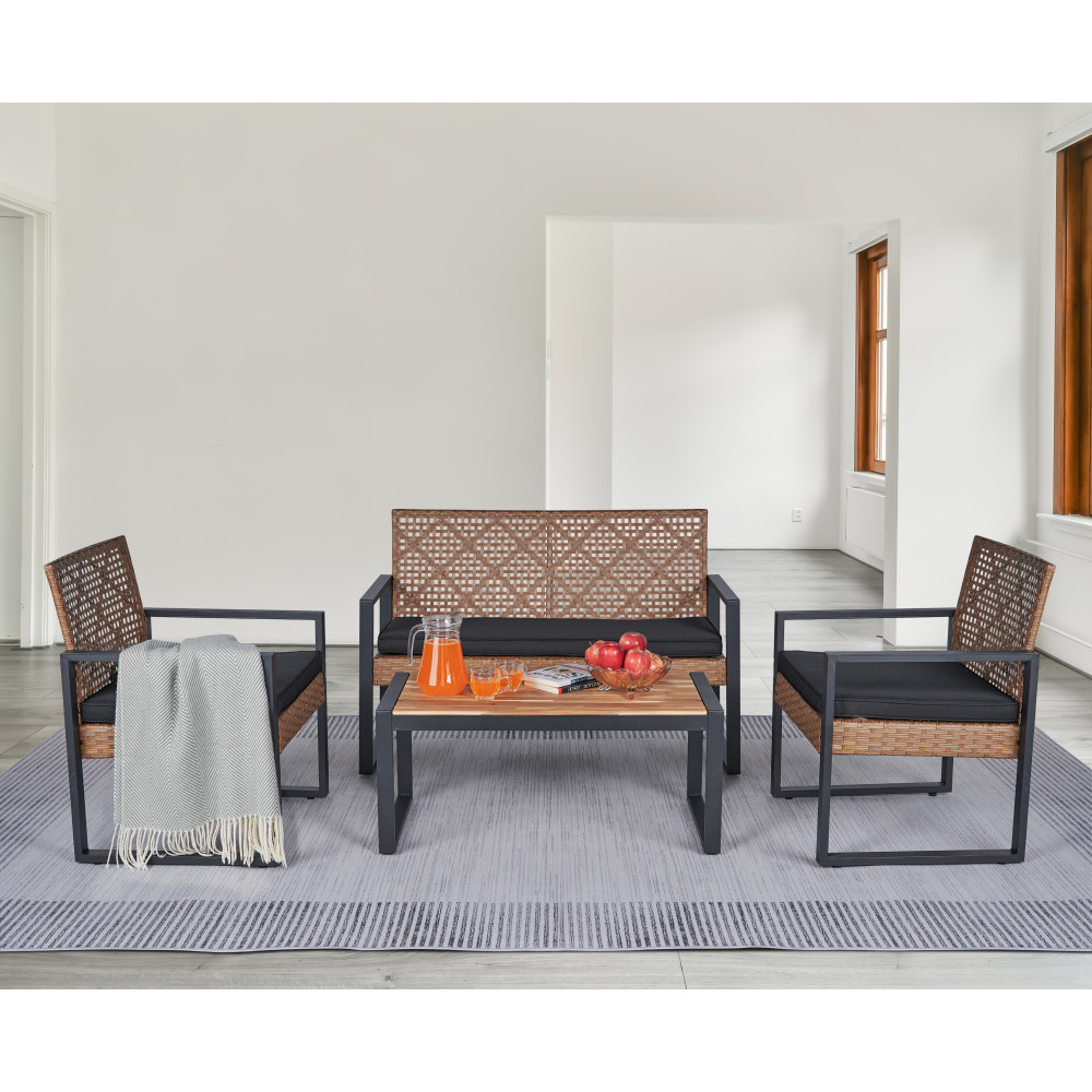 Patio Furniture Set Acacia Wood Table Top Morden Black & Light Brown