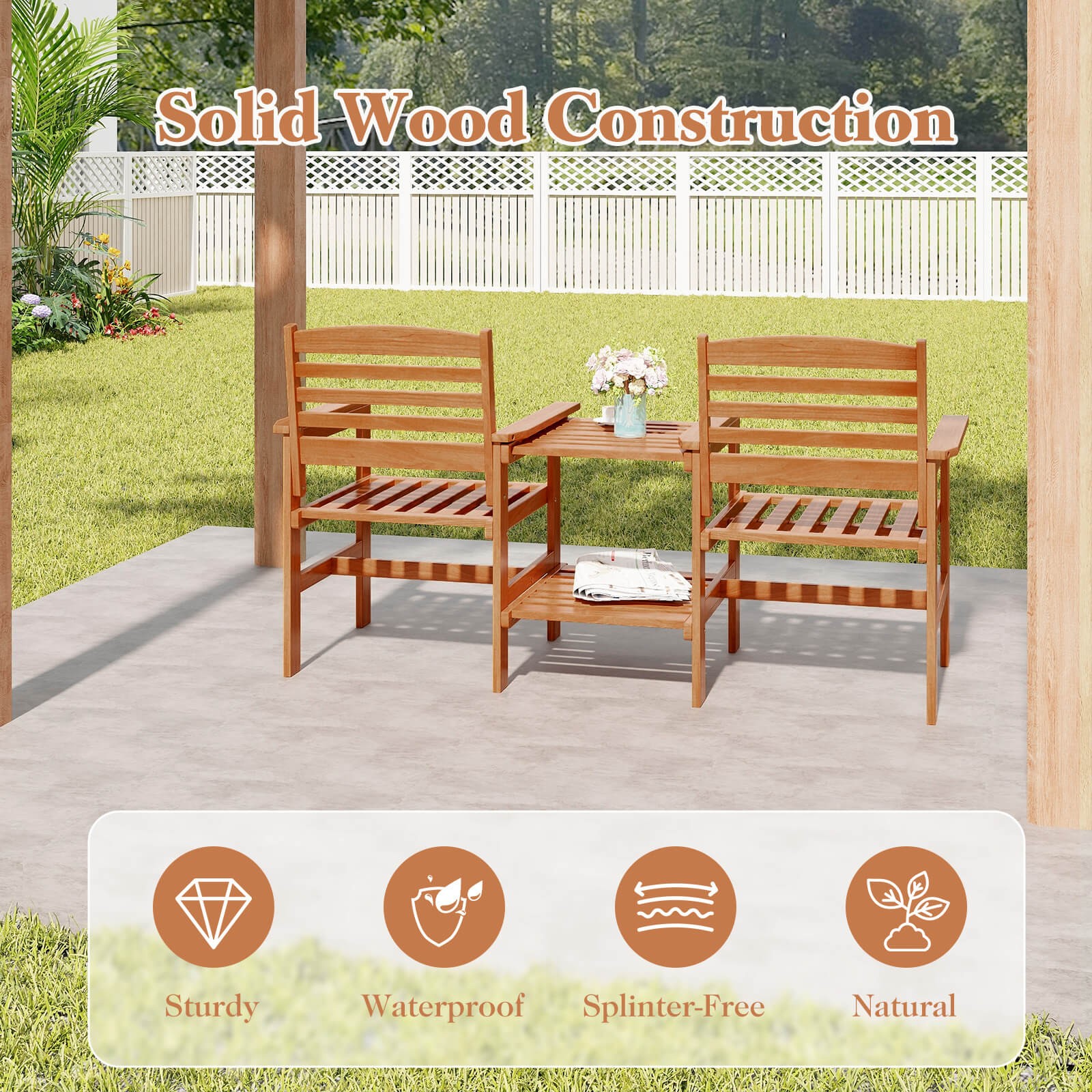 Outdoor Patio Loveseat with Coffee Table and Umbrella Hole for Garden Poolside