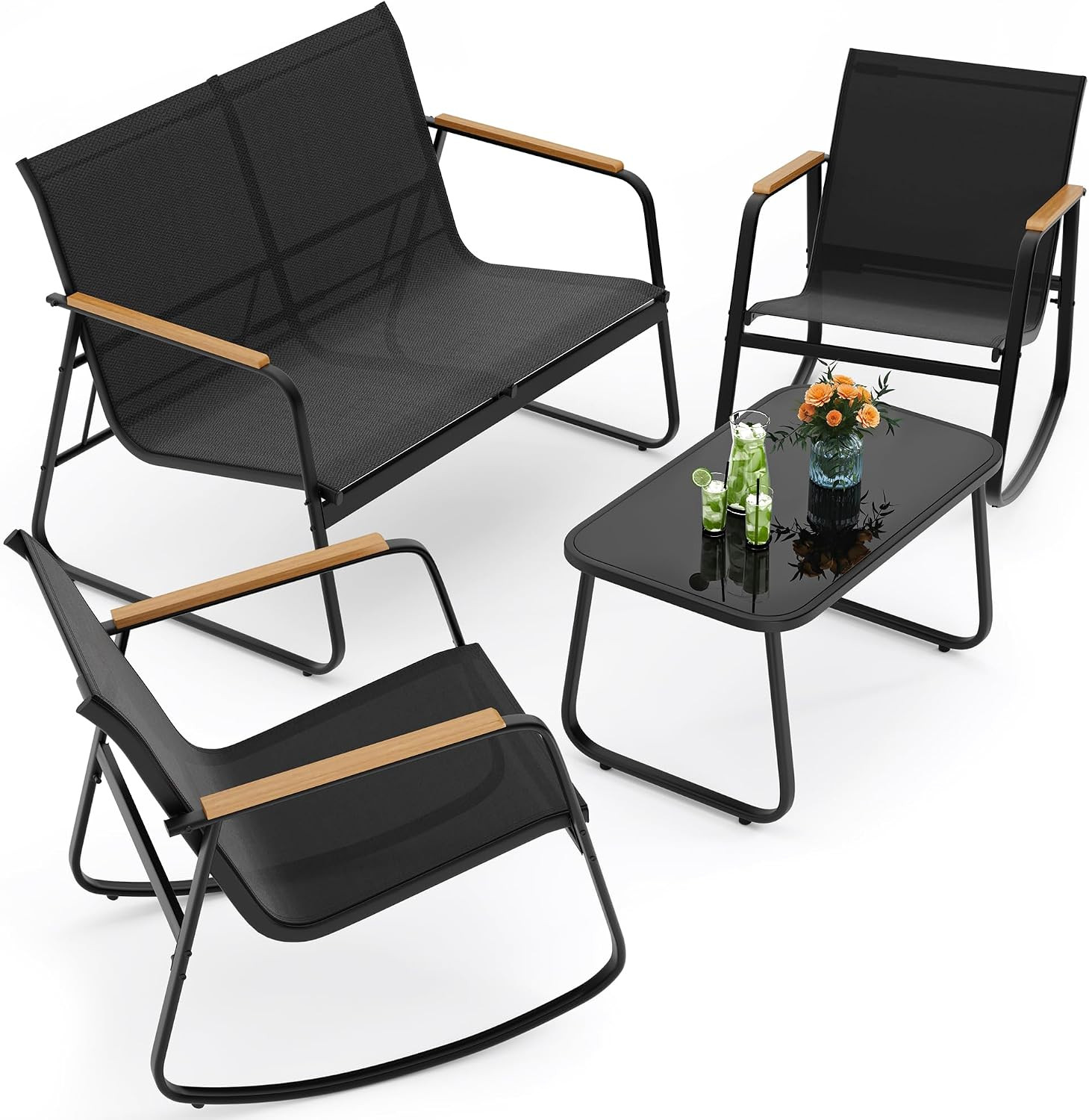 4-Piece Patio Furniture Set, Textilene Outdoor Conversation Set with 2 Rocking C