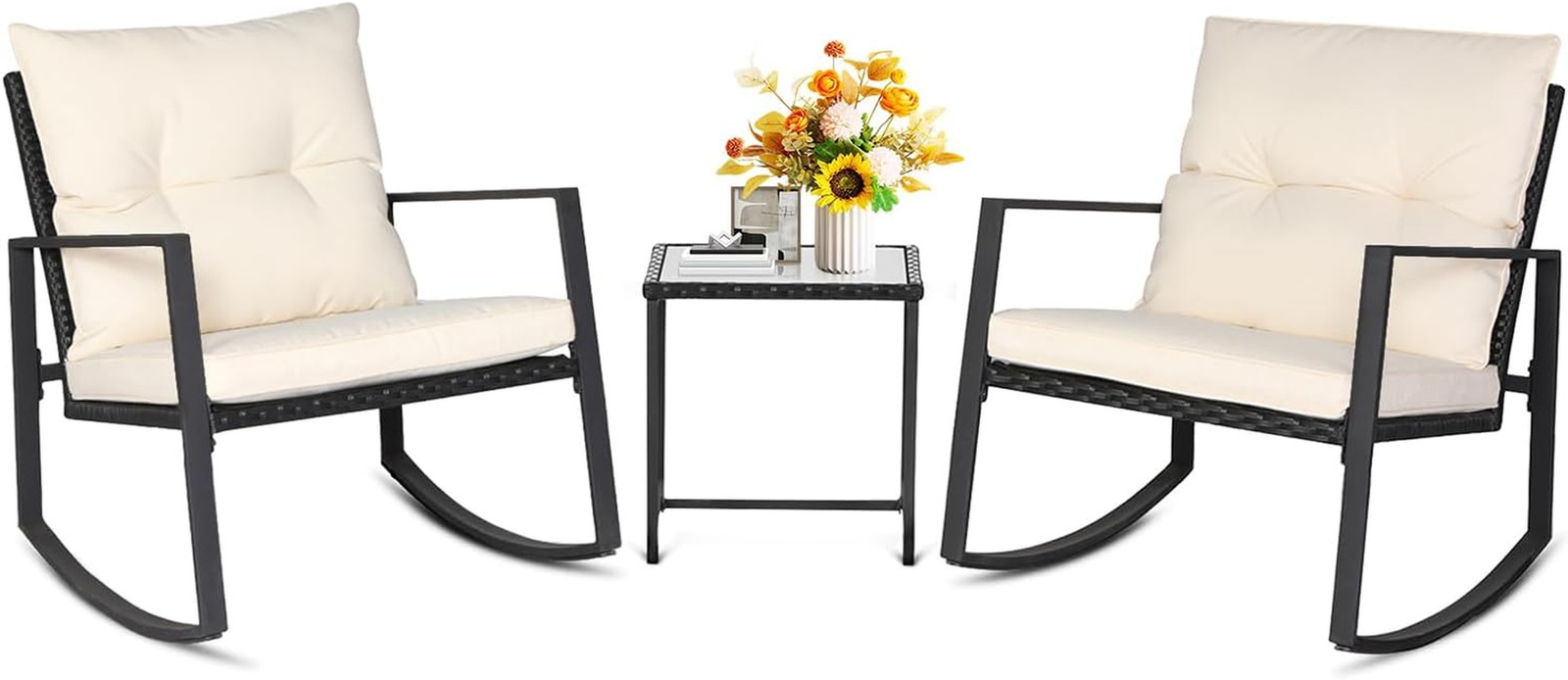 SUNCROWN 3 Piece Outdoor Rocking Bistro Set Black Wicker Furniture Porch Chairs