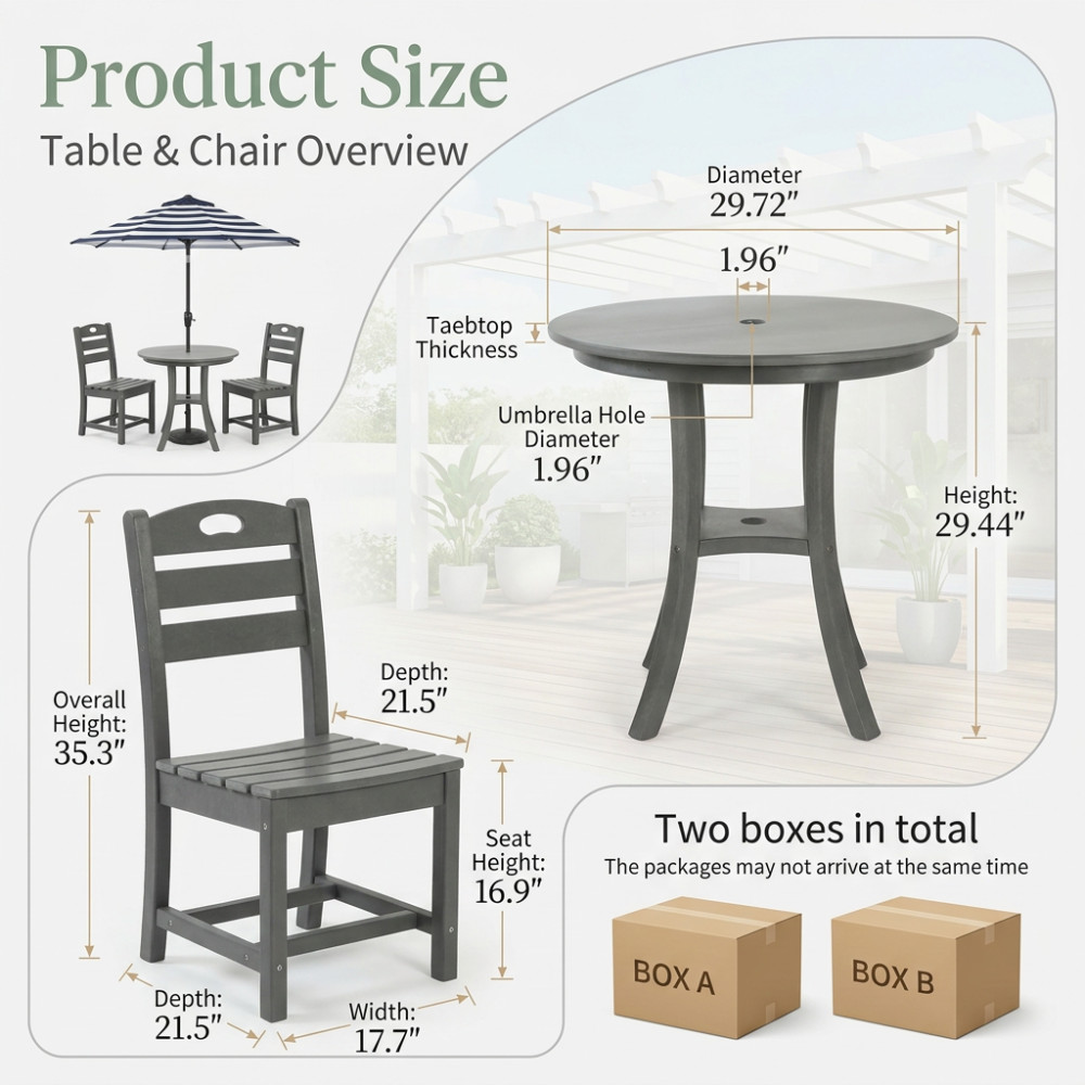 3-Piece Outdoor Patio Bistro Set w/ Round Table & 2 Chairs, Gray HDPE