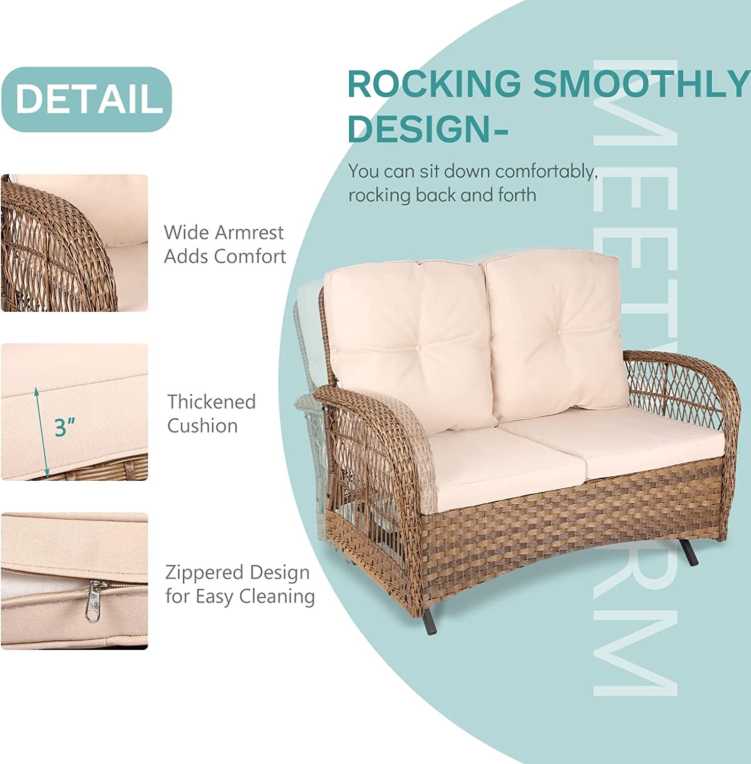 2PCS Outdoor Wicker Patio Glider Rocker Set 2-Person W/ Loveseat Coffee Table