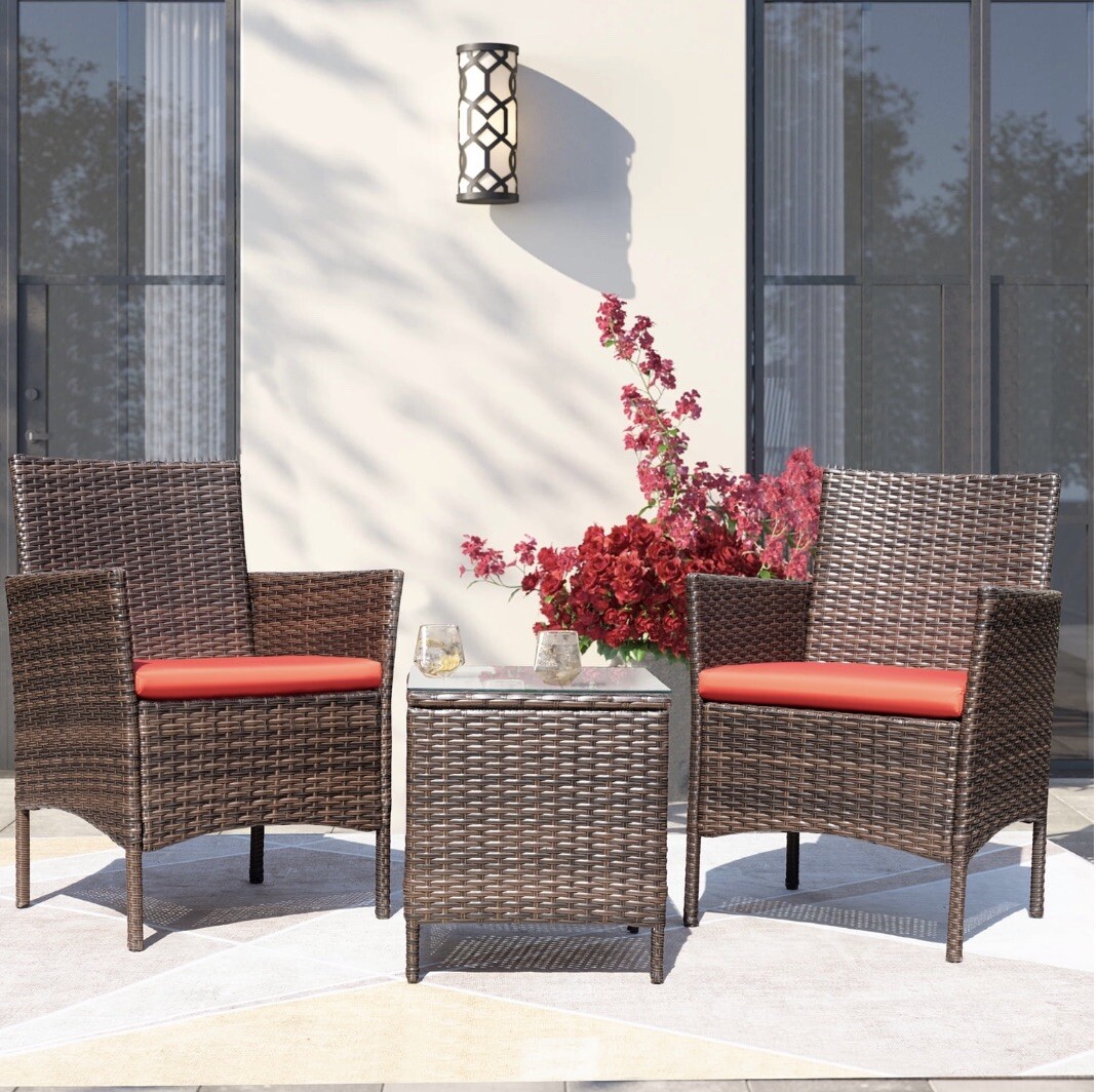 Devoko 3 Pieces Patio Conversation Set PE Rattan Wicker Chairs Outdoor Furniture