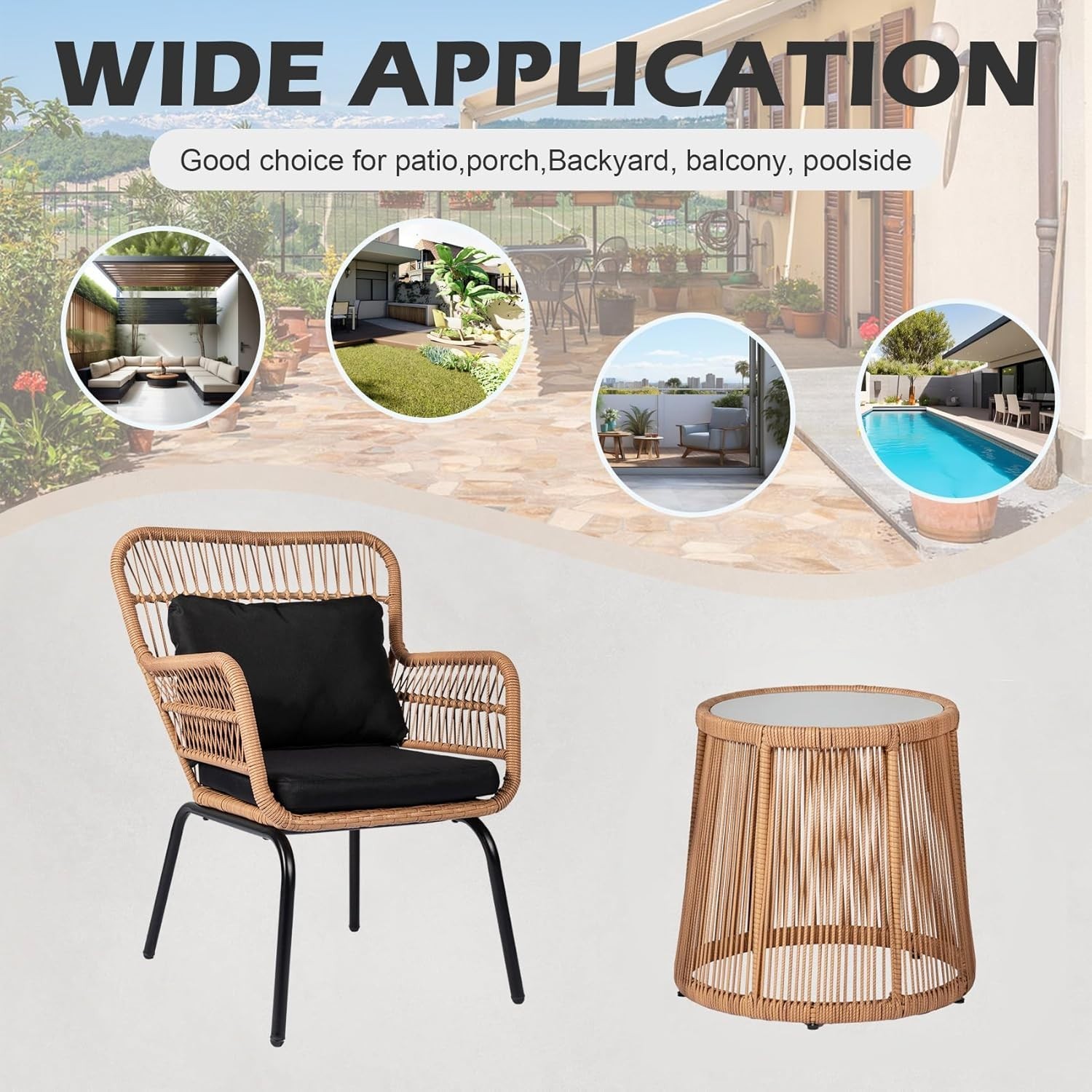 Bistro Set Chair & Table Set Wicker Rattan 3Pcs Outdoor Bistro Set, Yellow/Black