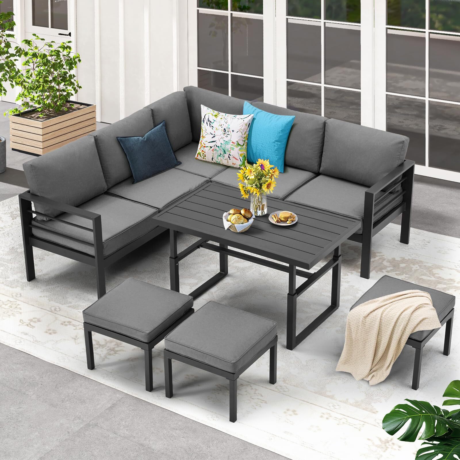 7 PCS Outdoor Patio Aluminum Furniture Set Sectional Sofa Adjustable Table Stool