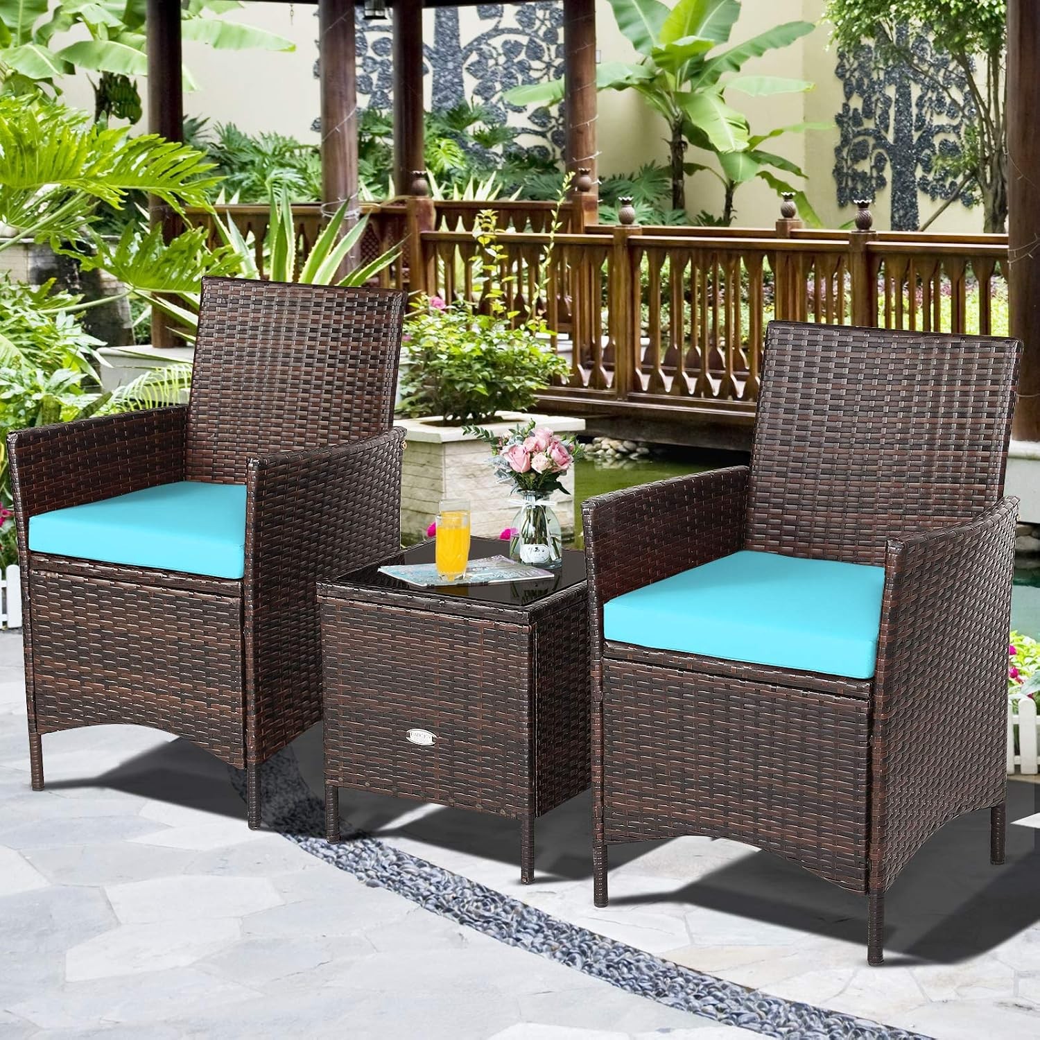 3 PCS Patio Furniture Set Wicker Outdoor Furniture W/ Water-Resistant Cushion