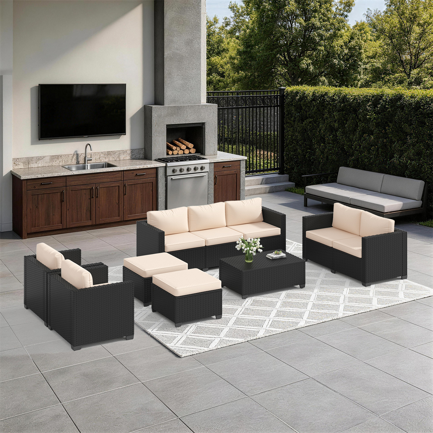 7-Piece Black Rattan Sofa Set w/ Storage Coffee Table Beige 9-Seat