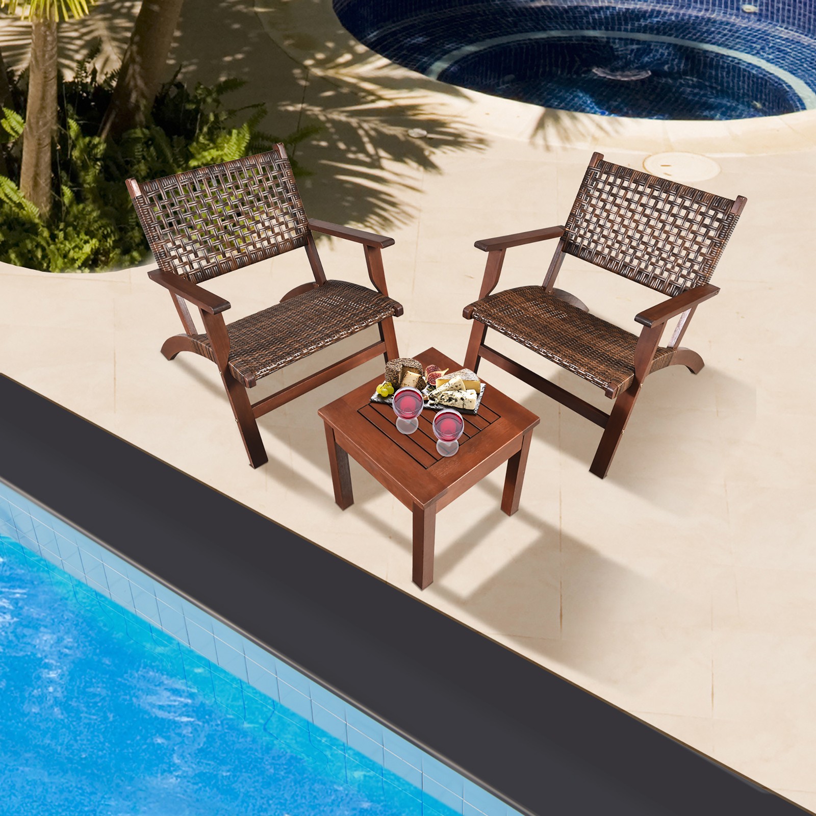 3PCS Rattan Patio Chair & Table Set Outdoor Furniture Set w/ Wooden Frame