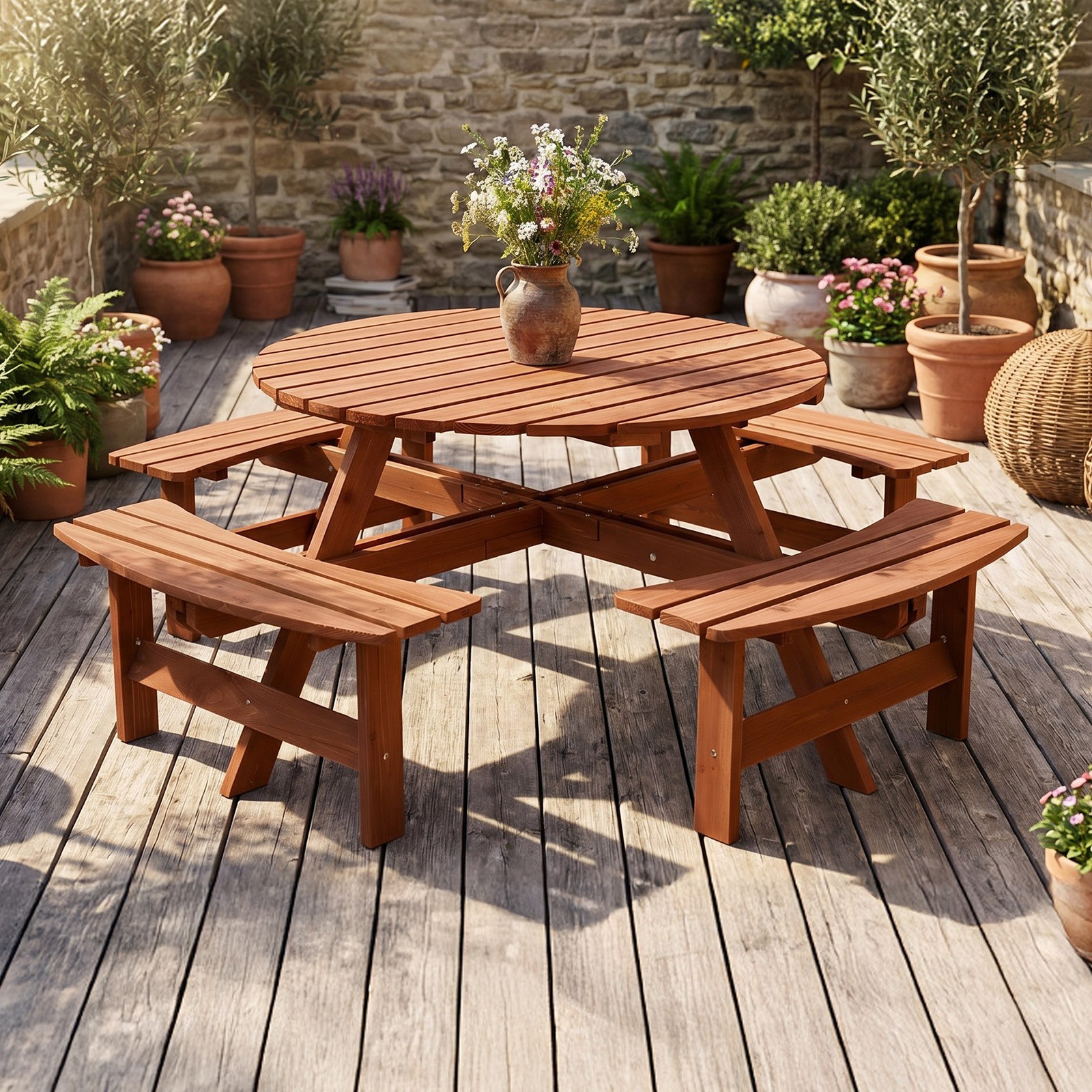 Patio 8-Person Wooden Table Set with 4 Benches, Umbrella Hole for Indoor Outdoor