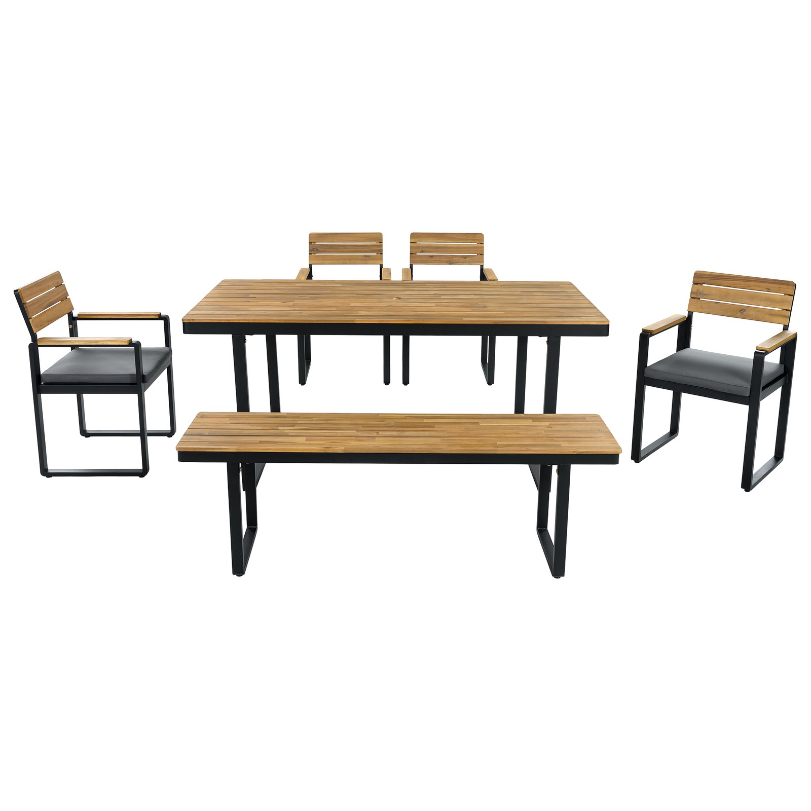 Outdoor Dining Set Acacia Wood 6-Piece w/ Gray Cushions for Patio Backyard