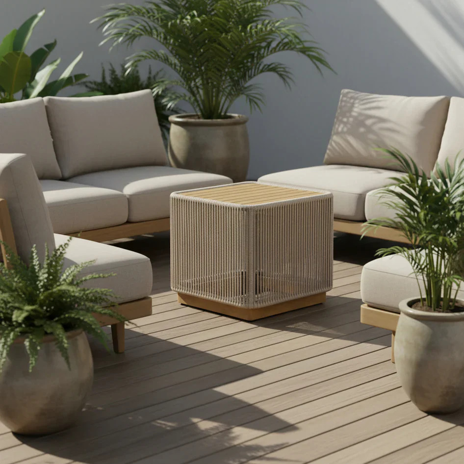 Cypress Teak Wood Sofa Set with Beige Rope Design – Modern Outdoor Lounge 4-Sea