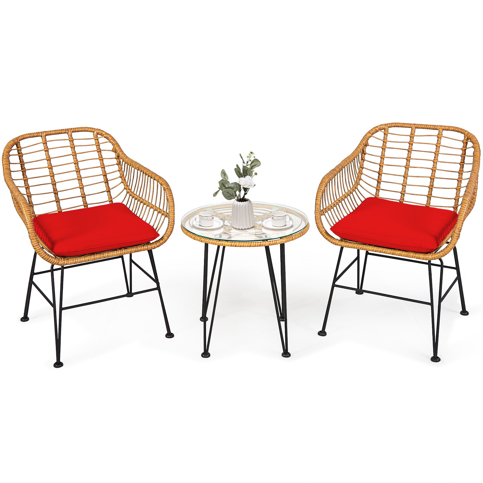 Patiojoy 3PCS Patio Bistro Rattan Furniture Set Cushioned Chair w/ Table Red