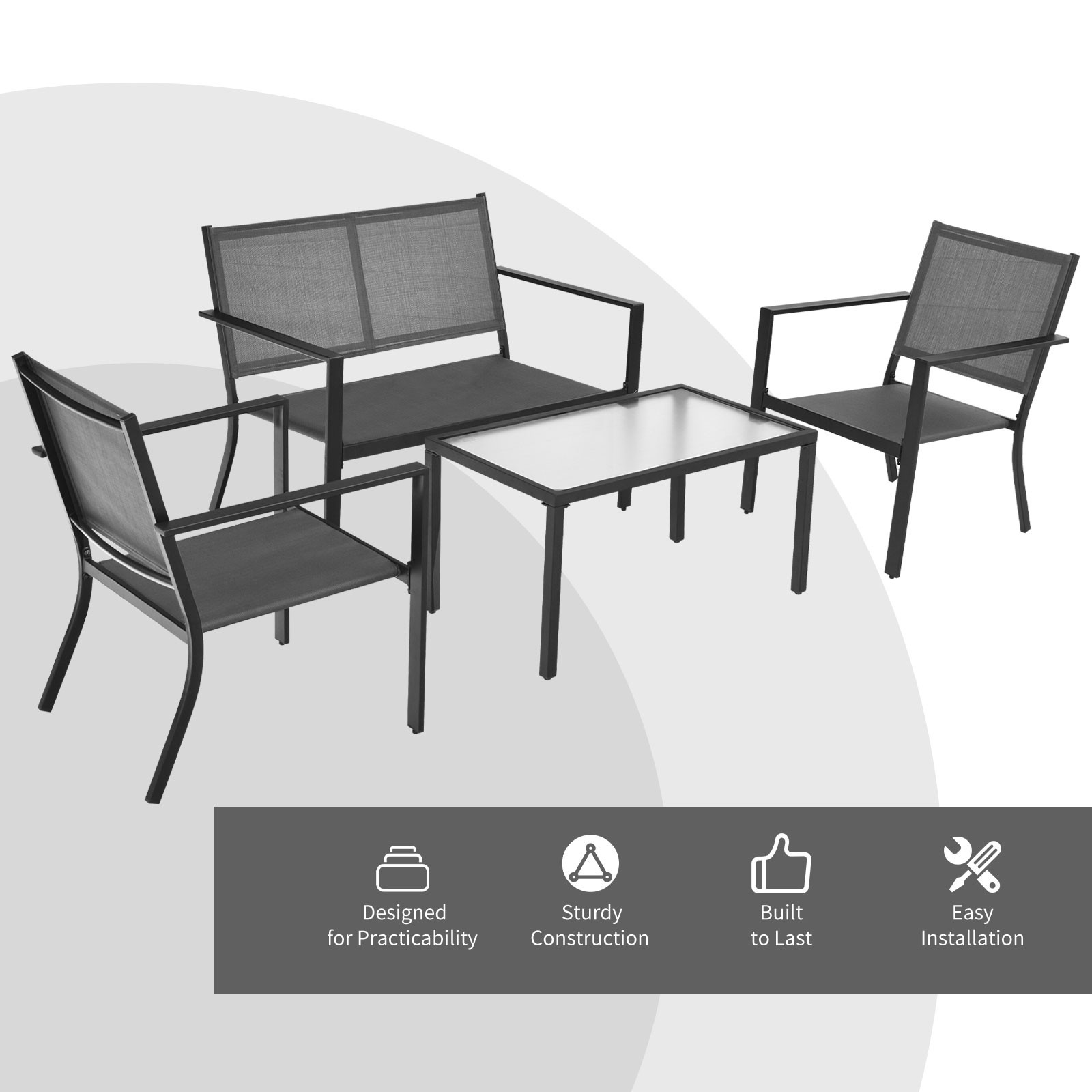 Patiojoy Set of 4 Patio Furniture Set Sofa Coffee Table Steel Frame Garden