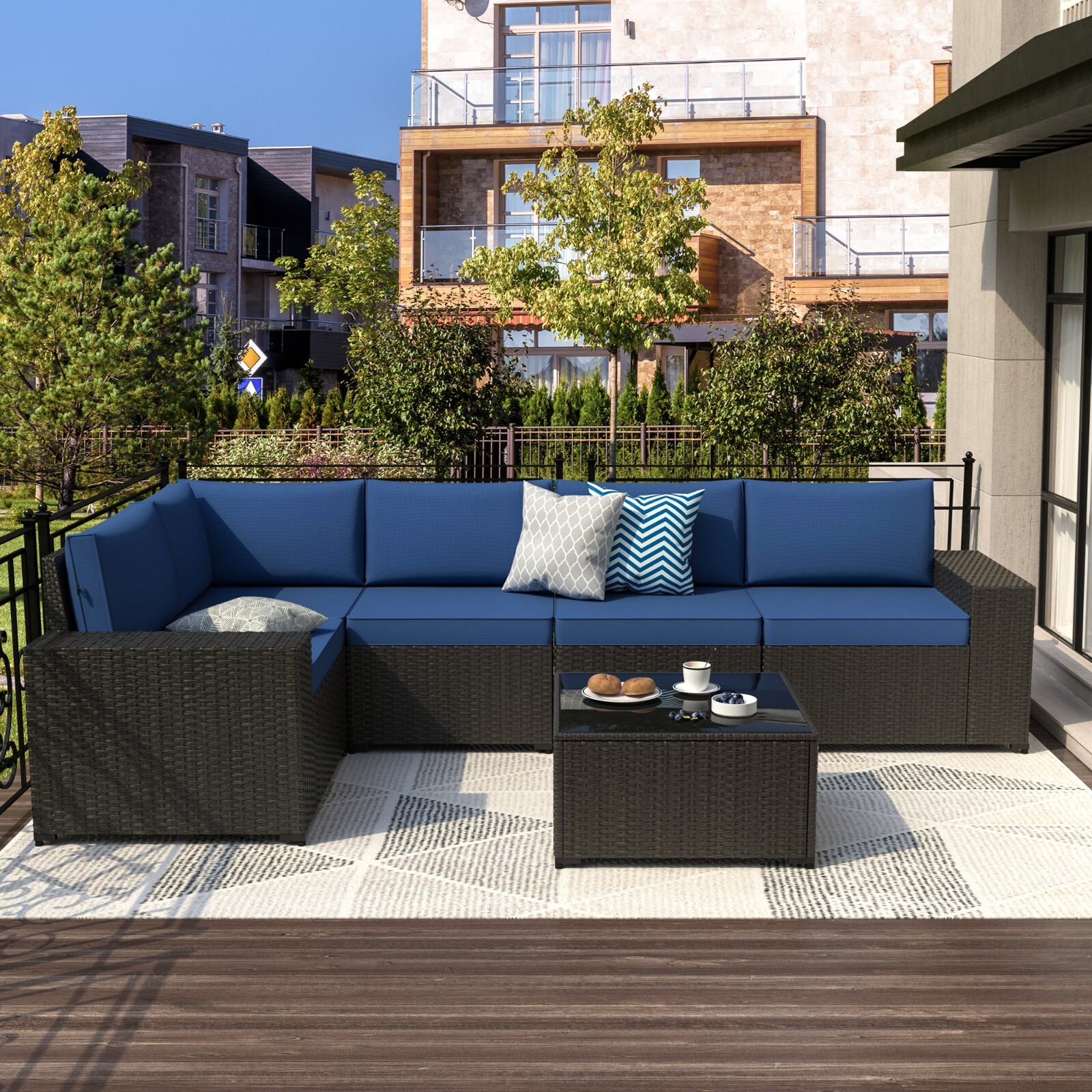 Patio Sofa Furniture Set Outdoor With Thick Cushions Widened Armrest 6PCS