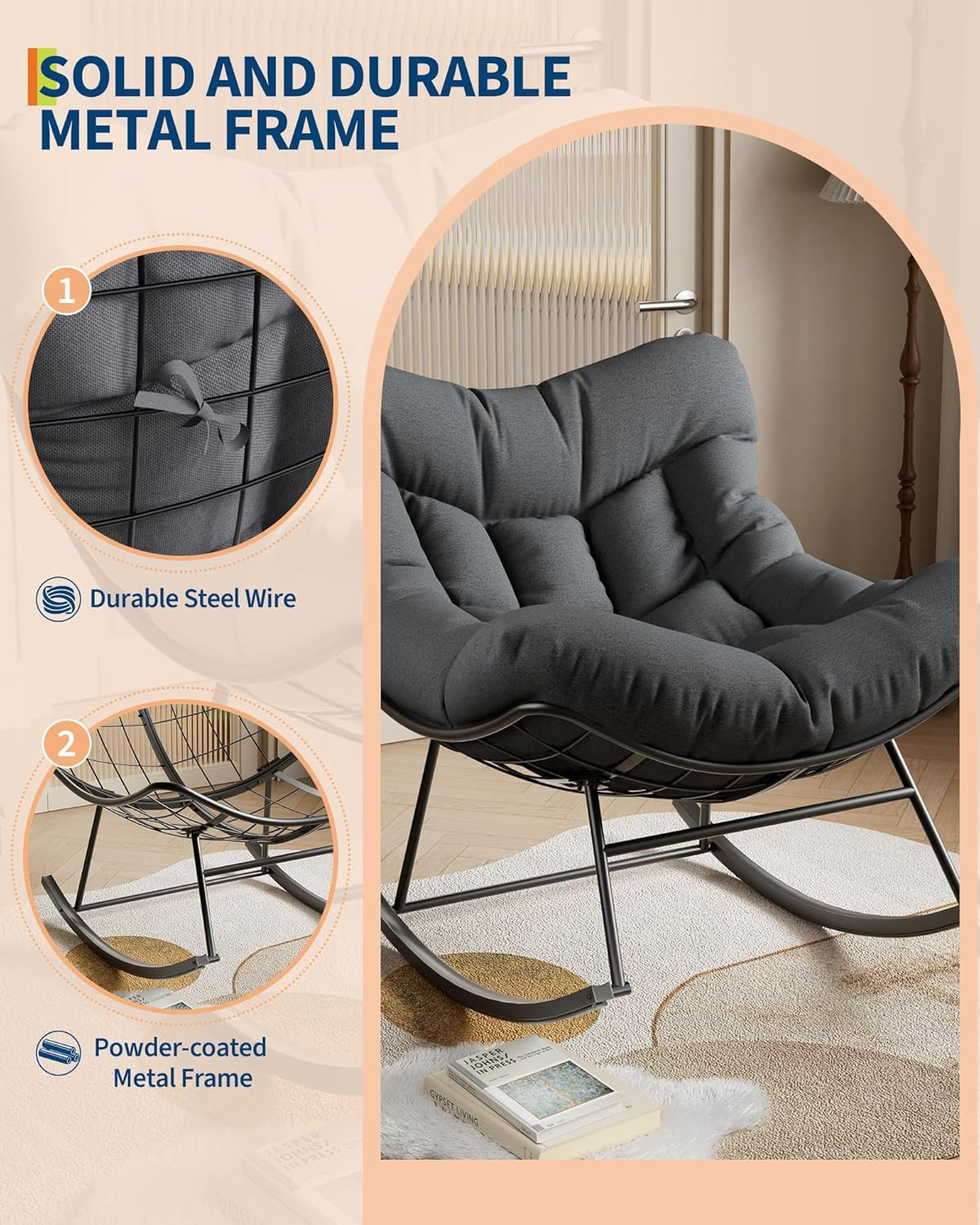 Comfortable Metal Rocking Chair with 6” Cushion, Indoor/Outdoor, 350 Lbs Capaci