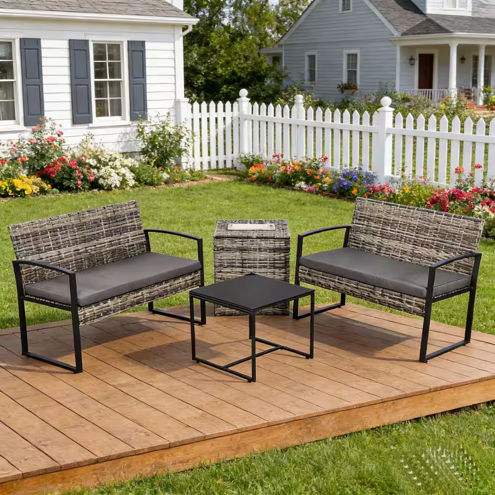 4-Piece Brown Wicker Patio Conversation Set with with Built-In Beverage Cooler S