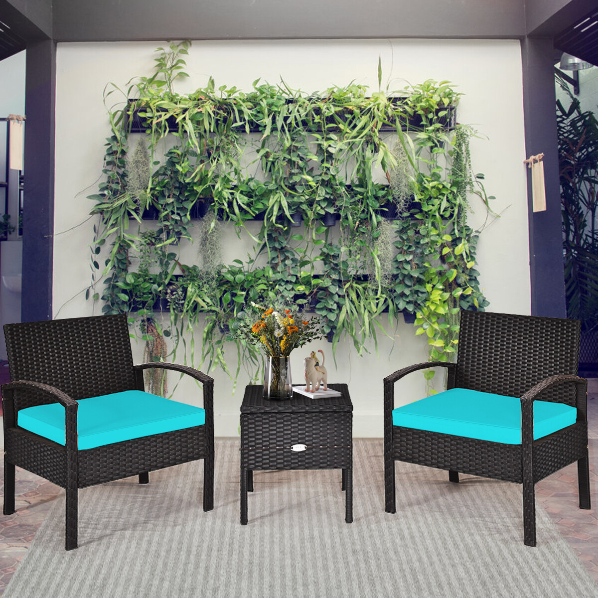 Patiojoy 3PCS Patio Rattan Furniture Set Table Cushioned Sofa Turquoise
