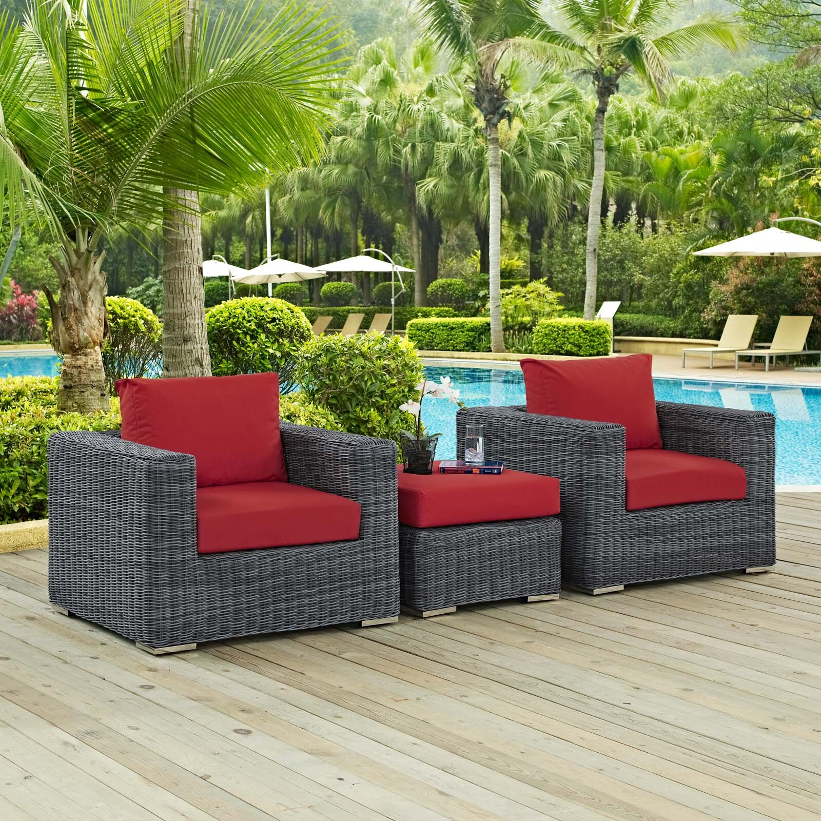Modway Summon 3 Piece Outdoor Patio Sunbrella® Sectional Set in Canvas Red