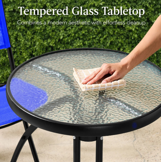Best Choice Products 3pc Outdoor Bistro Set Tempered Glass Folding Resort Blue