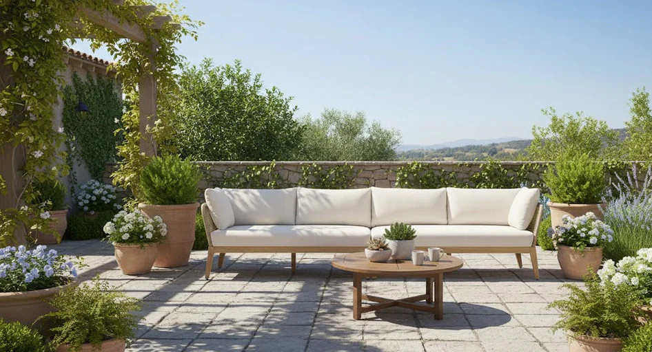 Cypress Teak Wood Sofa Set with Beige Rope Design – Modern Outdoor Lounge 4-Sea