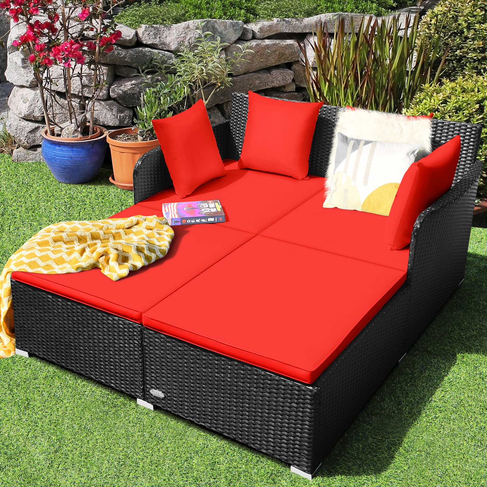 Rattan Patio Daybed Loveseat Sofa Yard Outdoor w/ Red Cushions Pillows