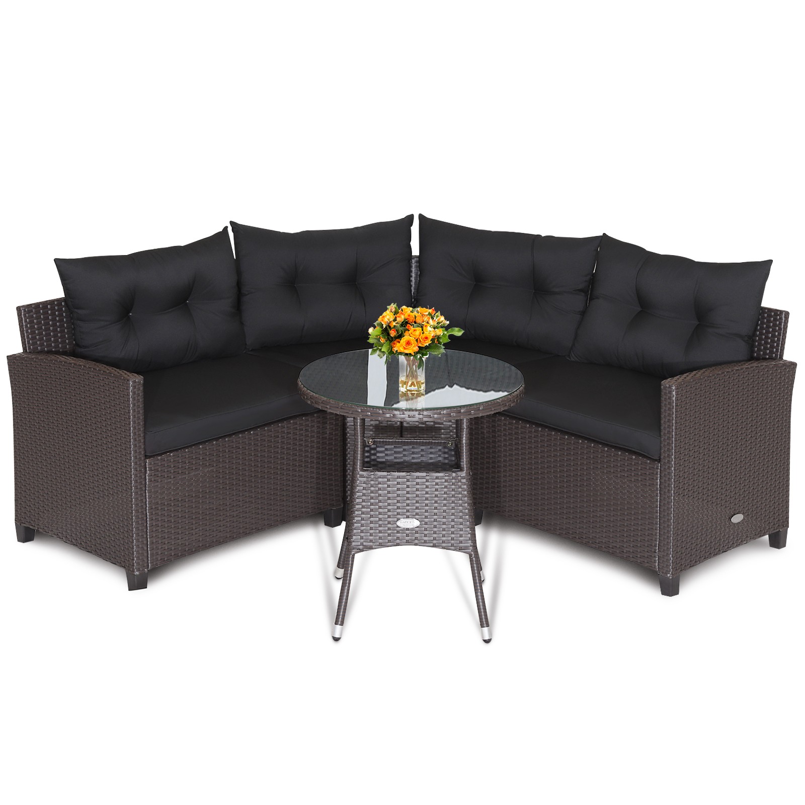 Patiojoy 4PCS Patio Rattan Furniture Set Cushioned Sofa Glass Table Garden Black