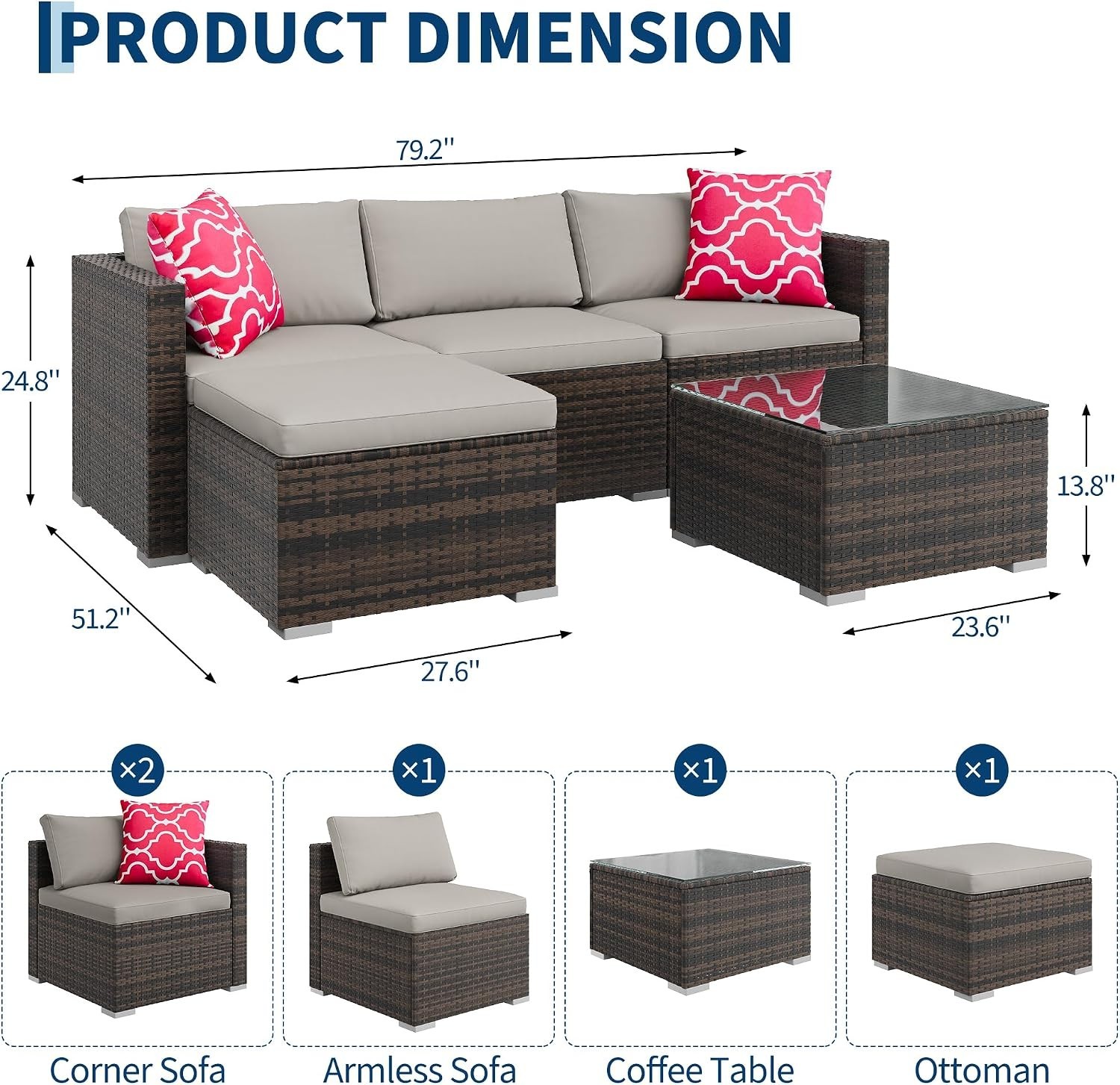 5pcs Outdoor Patio Sectional Sofa Set PE Rattan l-Shaped Conversation Furniture