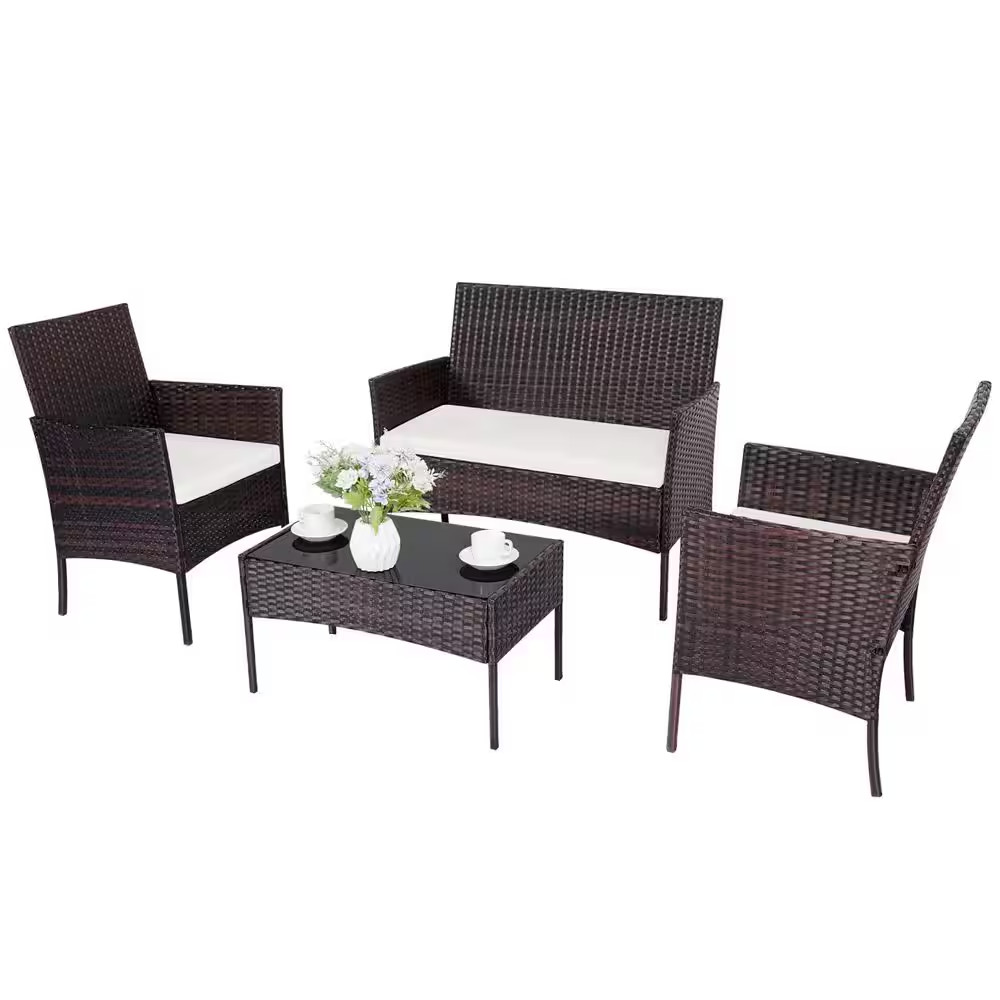 Brown 4-Piece All-Weather Wicker Patio Conversation Set with Beige Cushion and C
