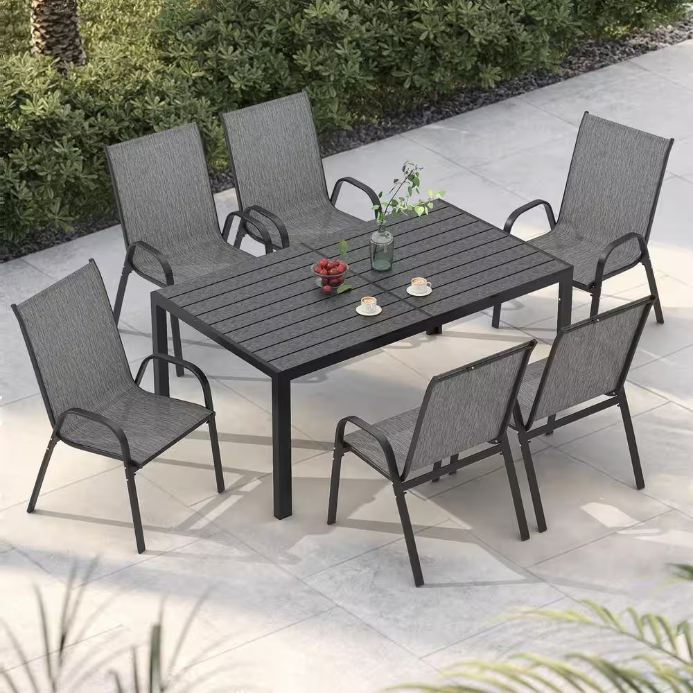 7-Piece Metal Outdoor Dining Set with 6-Textilene Stackable Chairs and Rectangul