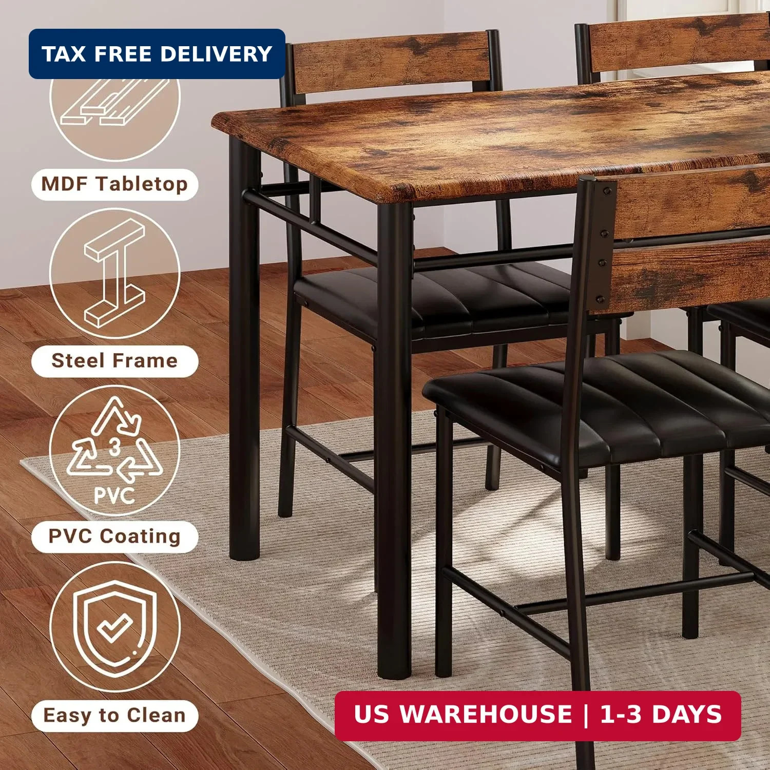 Dining Table Set for 4, Wood Kitchen Table with Upholstered Chairs for Kitchen