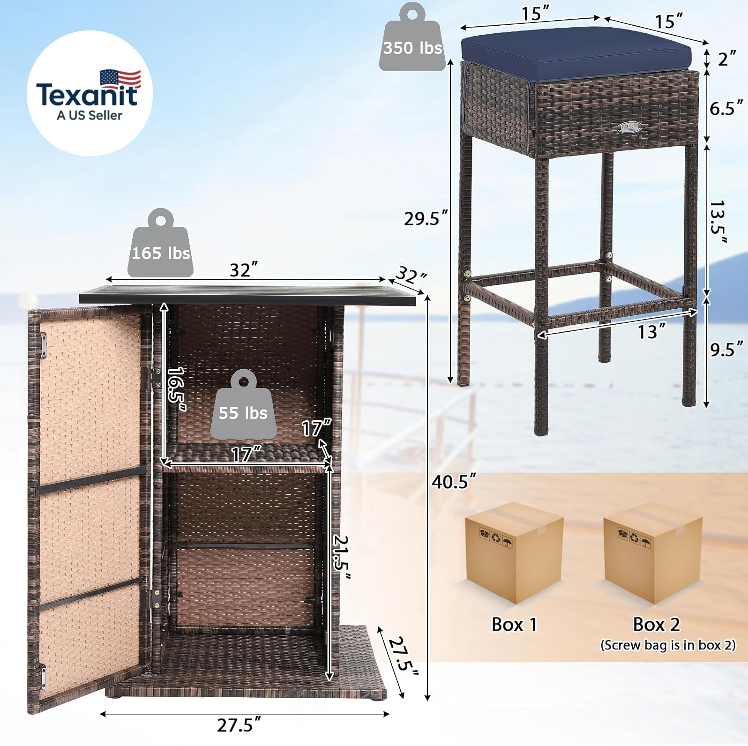 5-Piece Outdoor Bar Set, Wicker Rattan Bar Height Patio Set W/4 Cushion Bar Stoo